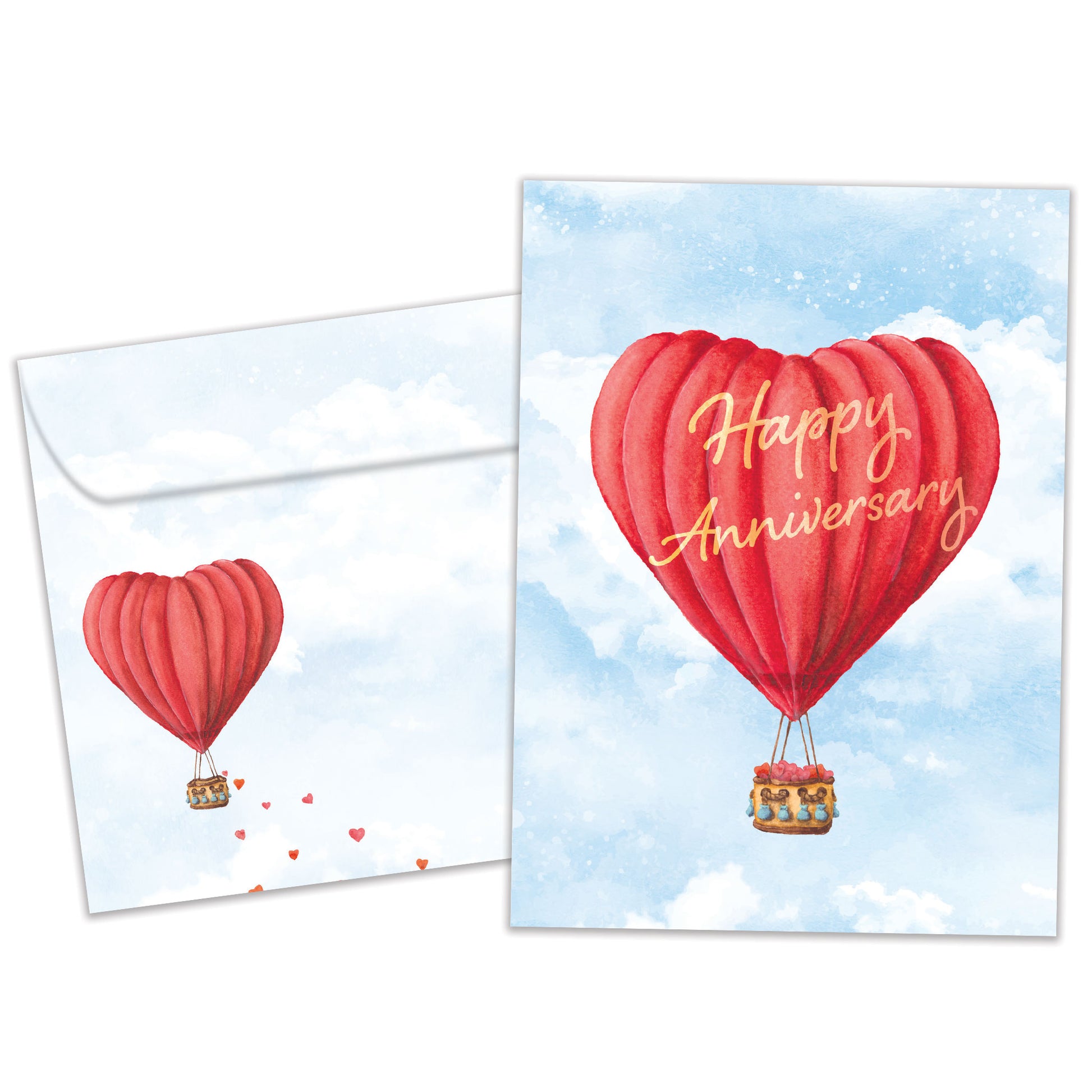 Front view of an Anniversary greeting card and matching envelope featuring a heart-shaped hot air balloon with "Happy Anniversary."