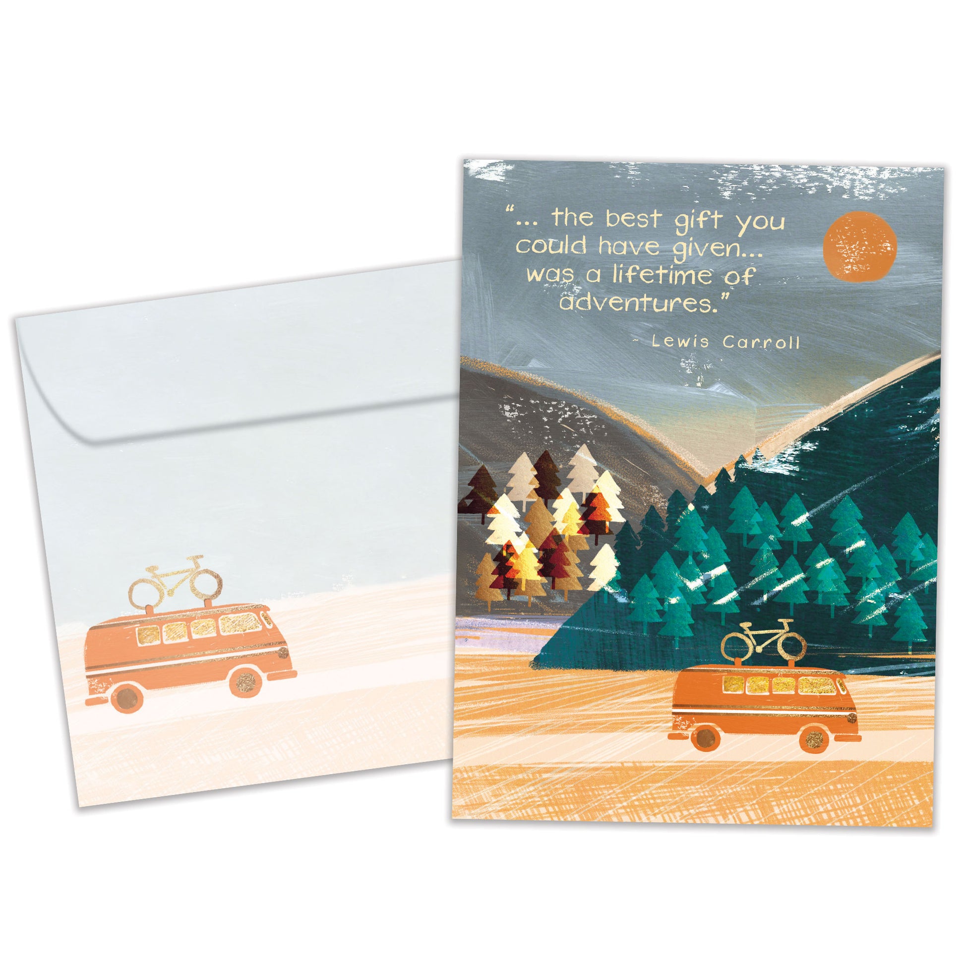 Front view of an Anniversary greeting card and matching envelope featuring a camper vehicle journeying through scenic mountains.