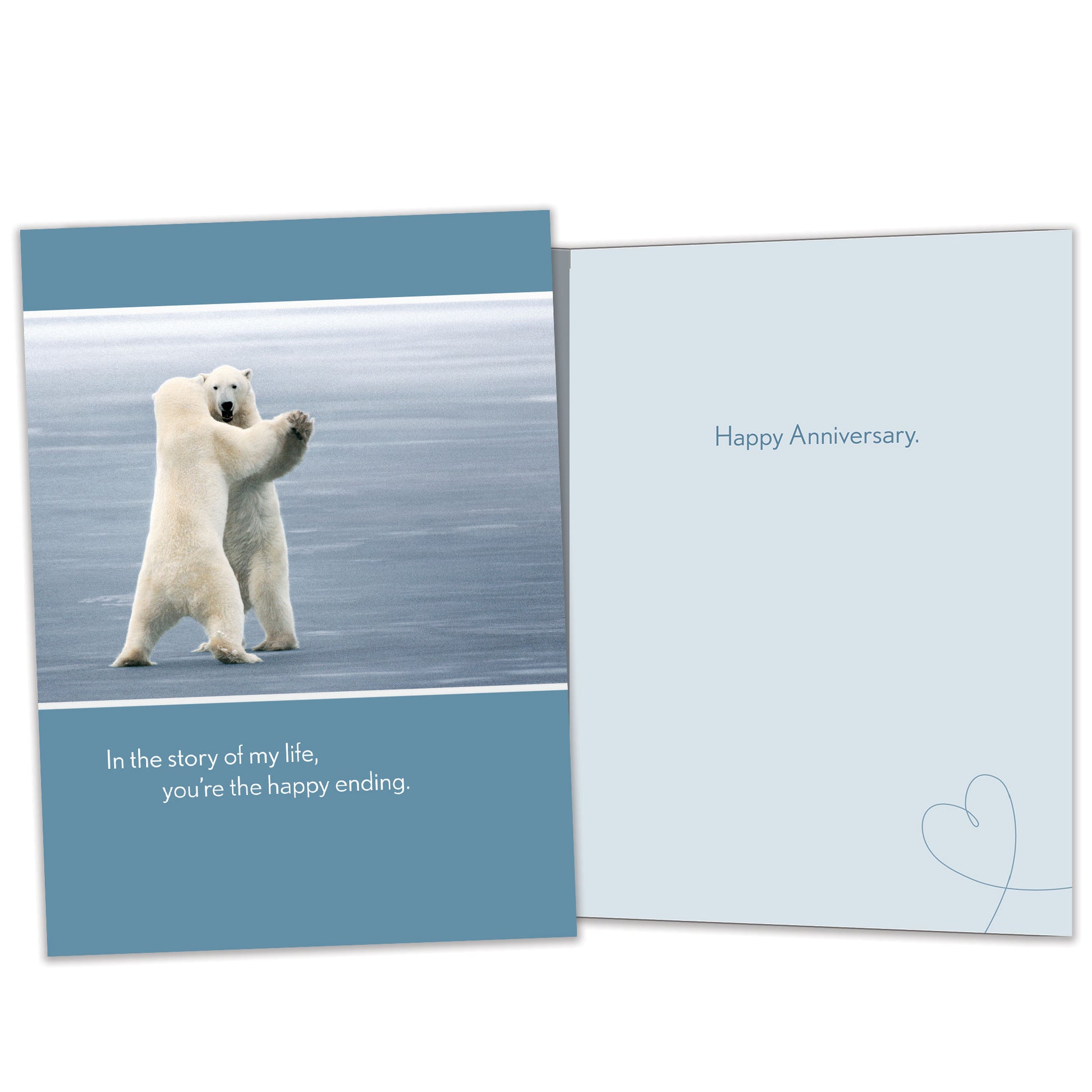 Front and inside view of an Anniversary greeting card featuring two polar bears dancing, with matching design details inside.