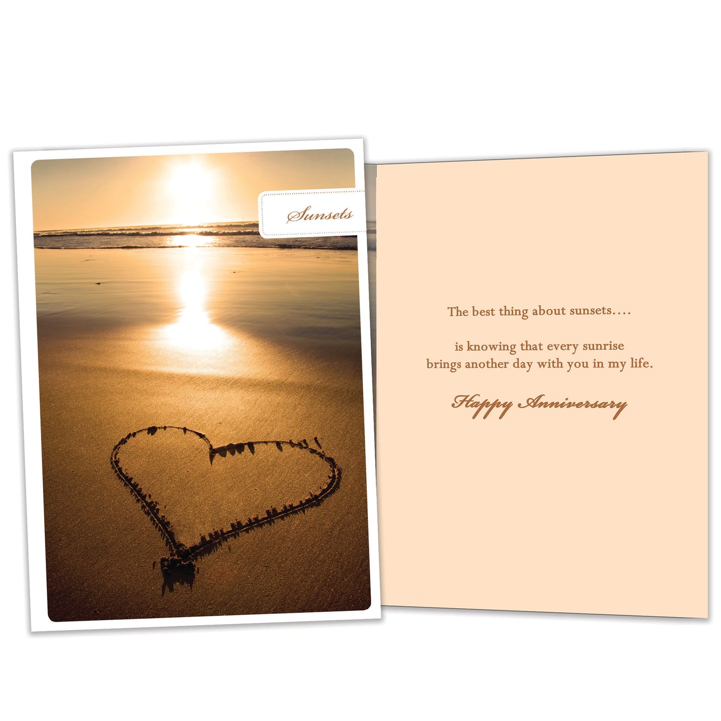 Front and inside view of an Anniversary greeting card featuring a sunset photo with a heart in the sand, with matching design details inside.