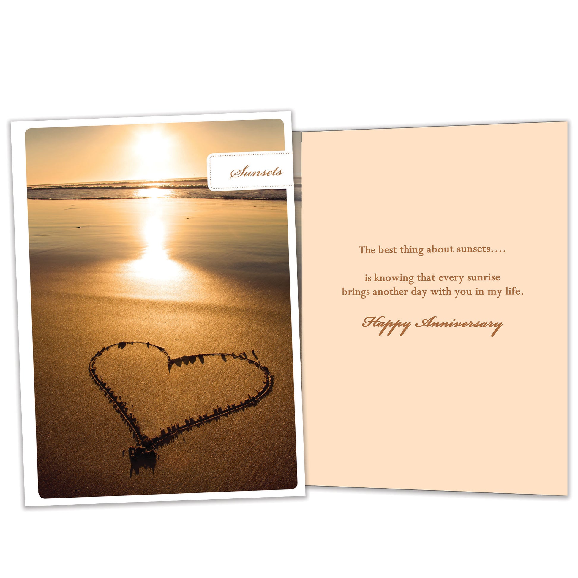 Front and inside view of an Anniversary greeting card featuring a sunset photo with a heart in the sand, with matching design details inside.