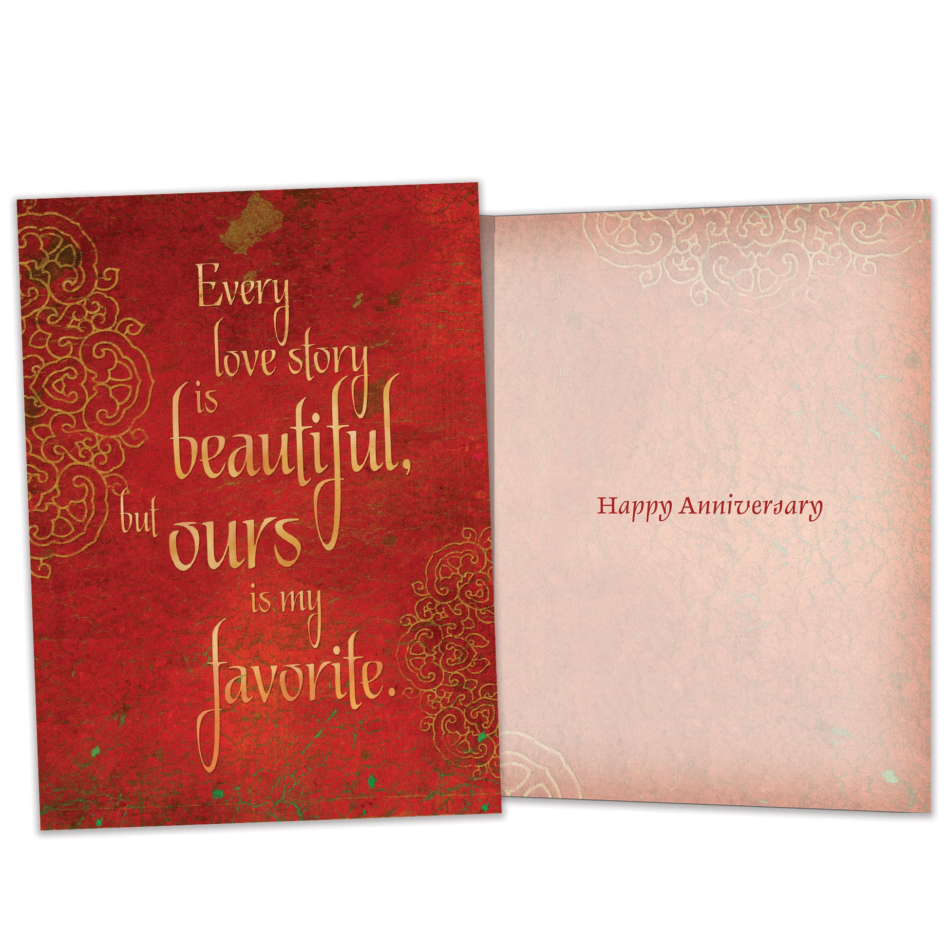 Front and inside view of an Anniversary greeting card featuring a red cover with a love message, with matching design details inside.