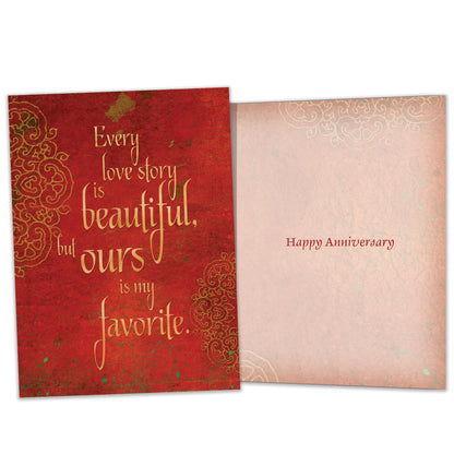 Front and inside view of an Anniversary greeting card featuring a red cover with a love message, with matching design details inside.