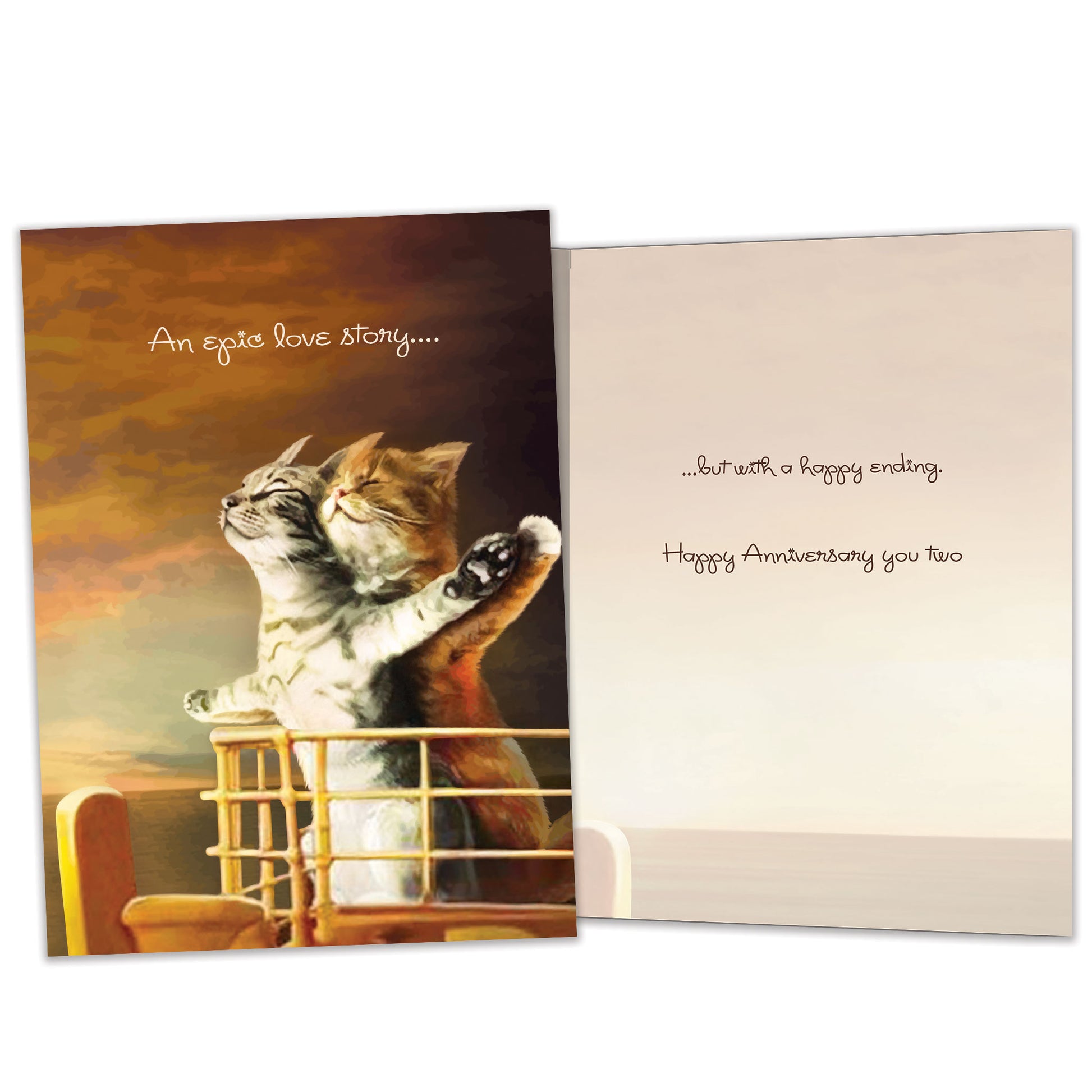 Front and inside view of an Anniversary greeting card featuring two cats on the bow of a ship in a Titanic-inspired pose, with matching design details inside.