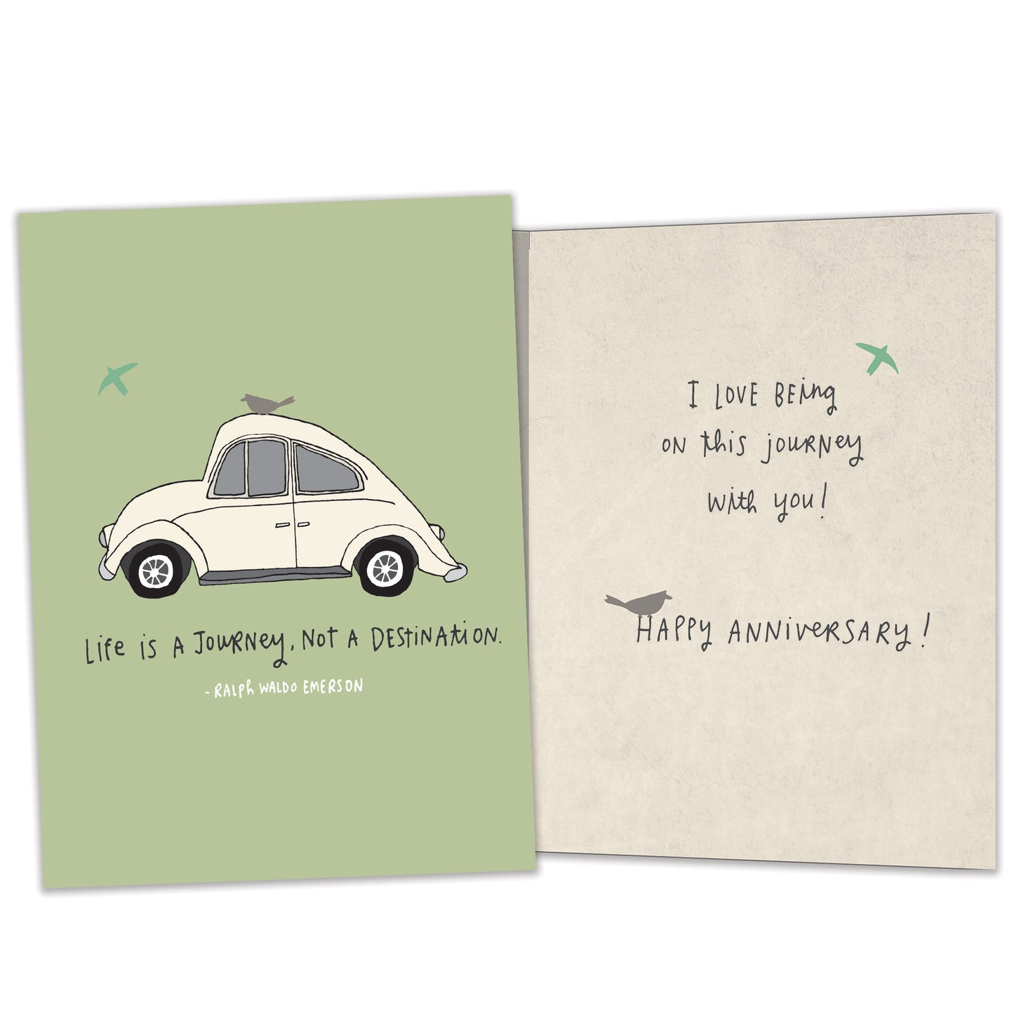 Front and inside view of an Anniversary greeting card featuring a car illustration and life message, with matching design details inside. 