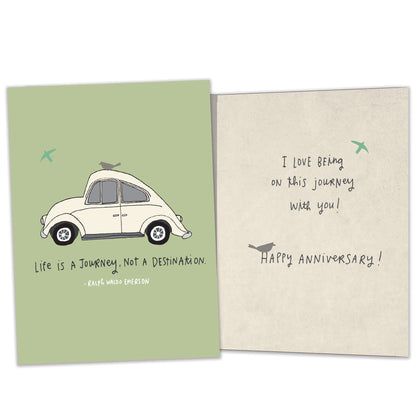 Front and inside view of an Anniversary greeting card featuring a car illustration and life message, with matching design details inside. 