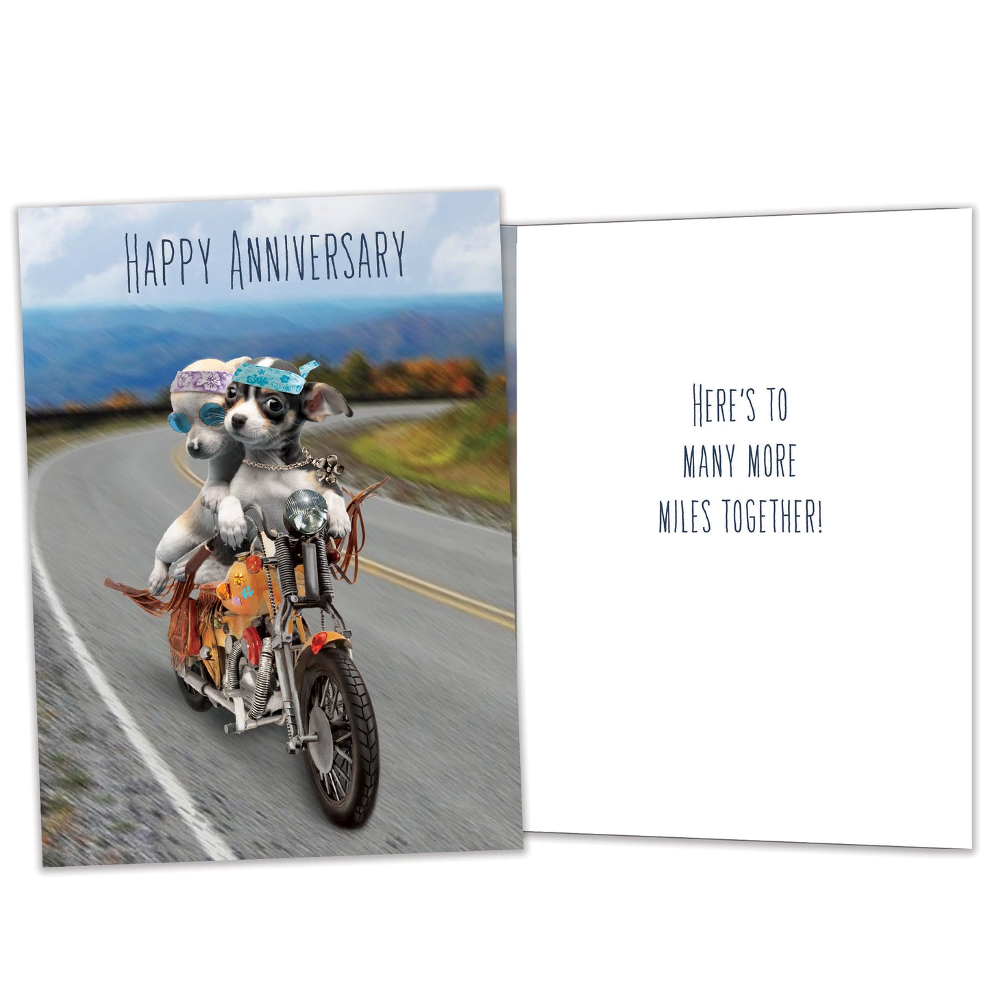 Front and inside view of an Anniversary greeting card featuring two dogs on a motorcycle, with matching design details inside.