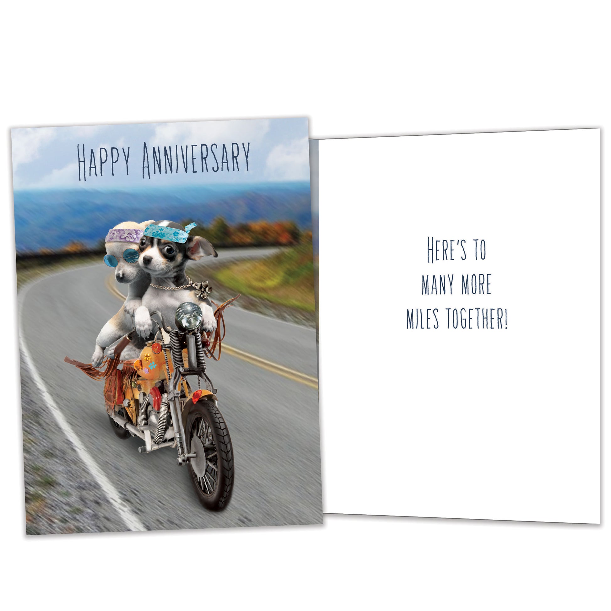 Front and inside view of an Anniversary greeting card featuring two dogs on a motorcycle, with matching design details inside.