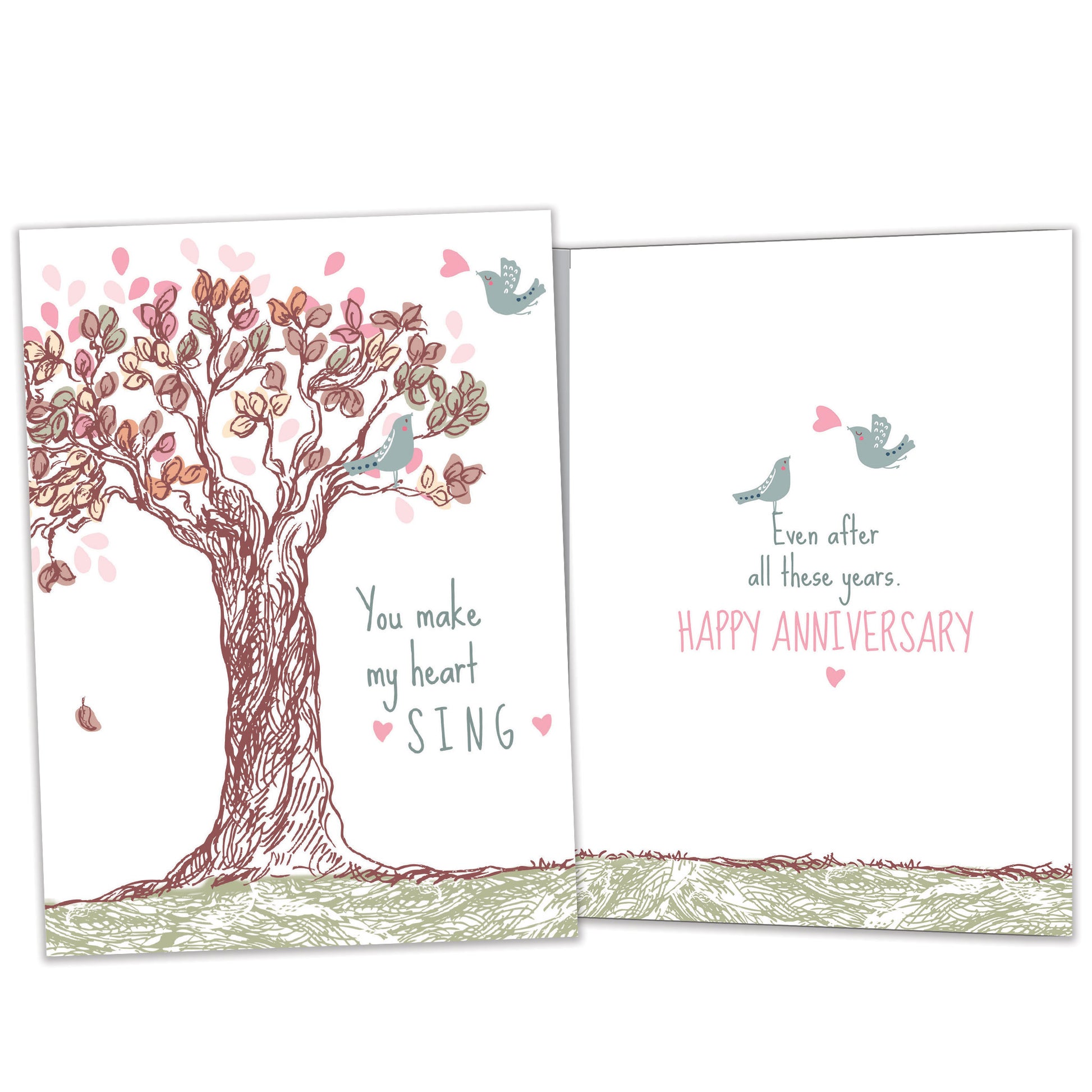 Front and inside view of an Anniversary greeting card featuring a tree illustration and the message "you make my heart sing," with matching design details inside.
