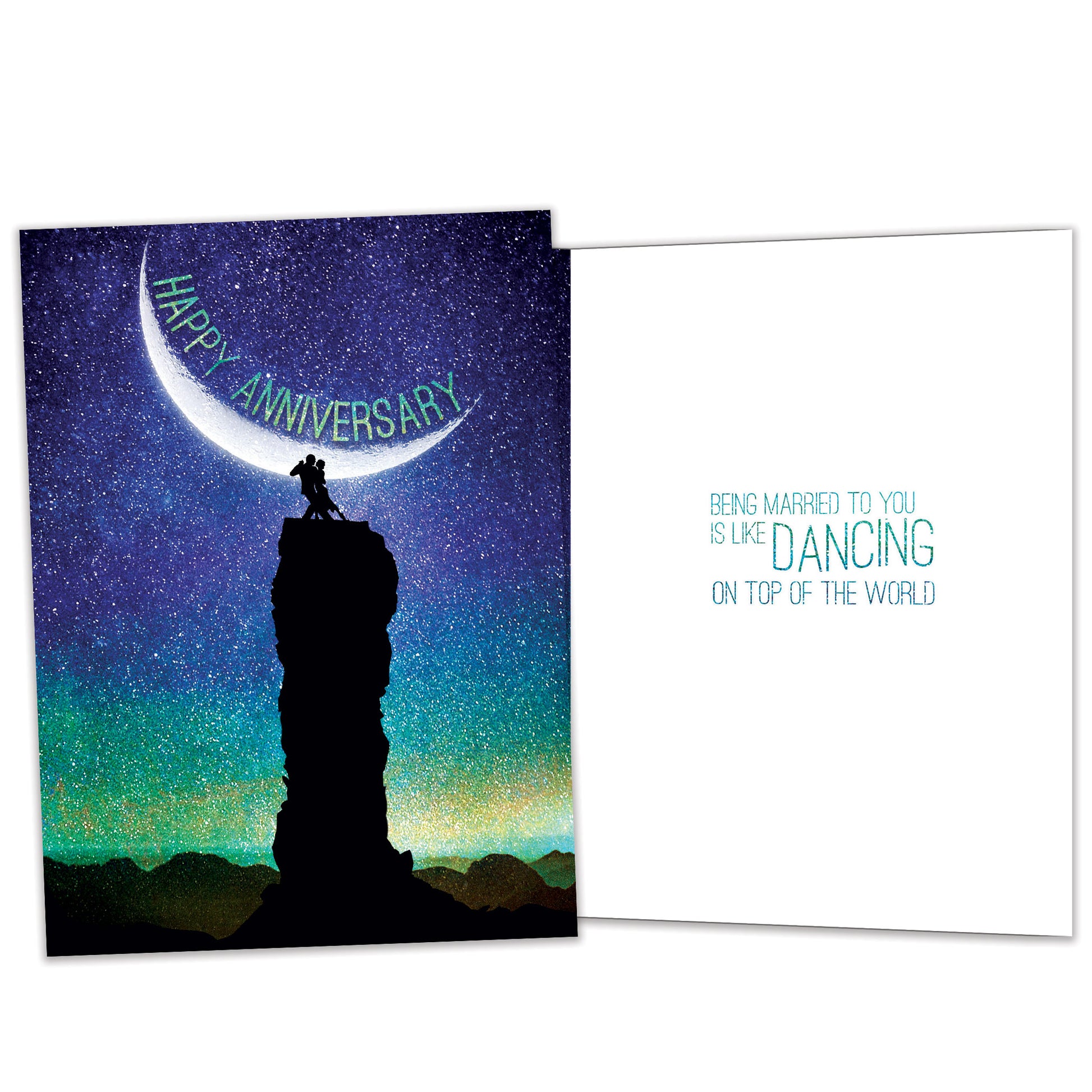 Front and inside view of an Anniversary greeting card featuring a couple dancing in the moonlight with the words "Happy Anniversary," with matching design details inside. 