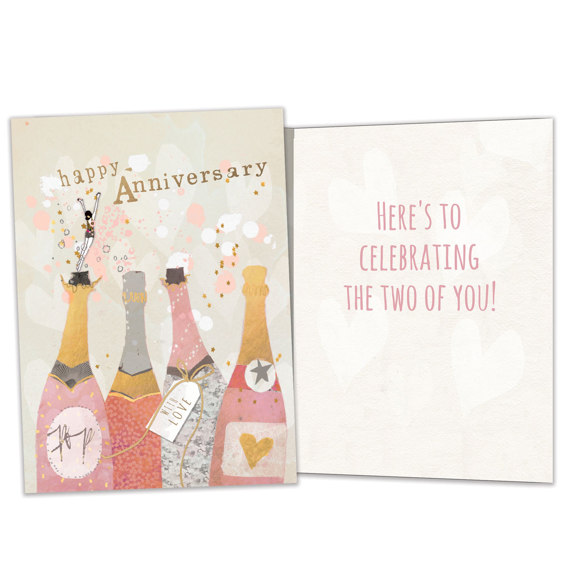 Front and inside view of an Anniversary greeting card featuring champagne bottles with the words "Happy Anniversary," with matching design details inside.