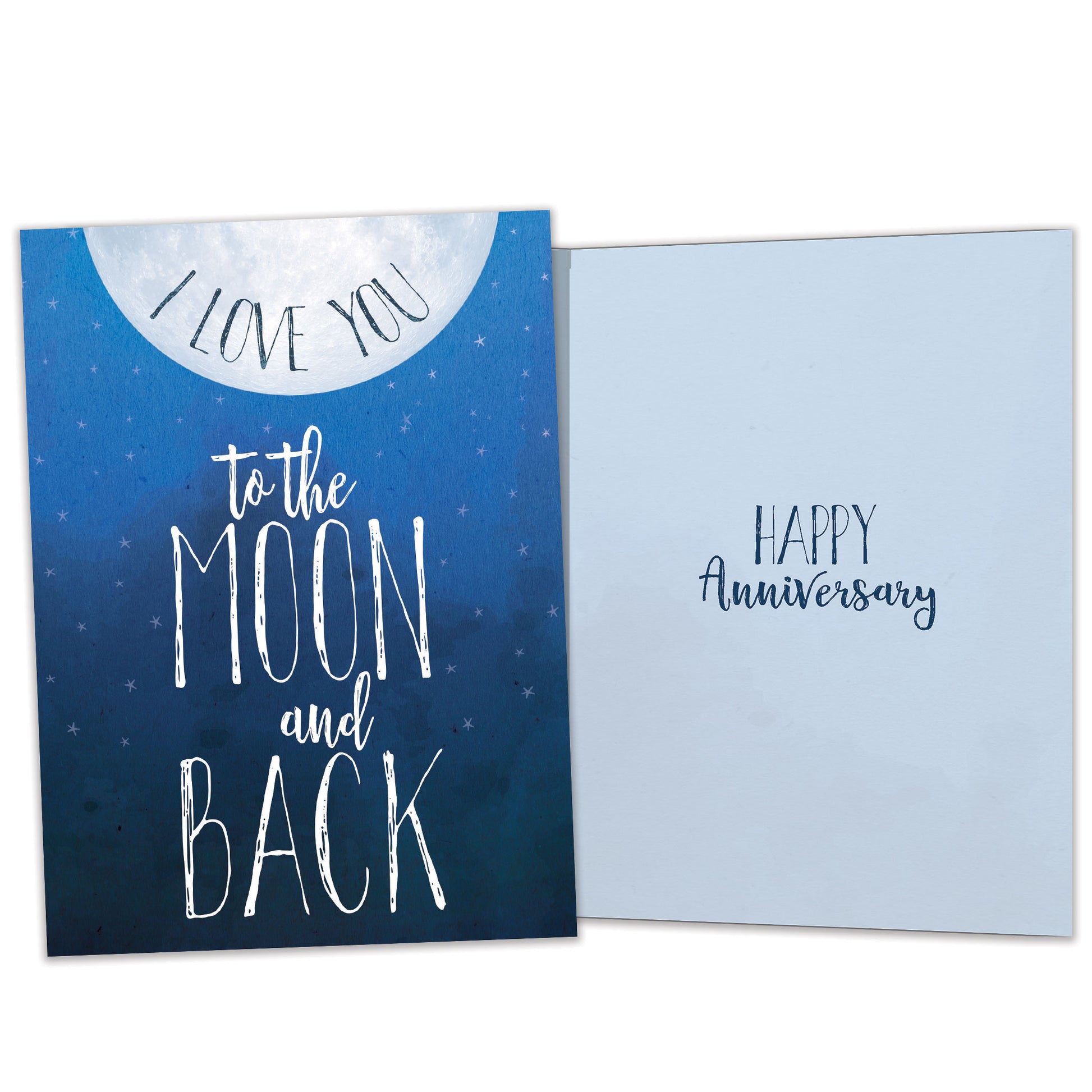 Front and inside view of an Anniversary greeting card featuring the message "I love you to the moon and back" and a moon illustration, with matching design details inside.