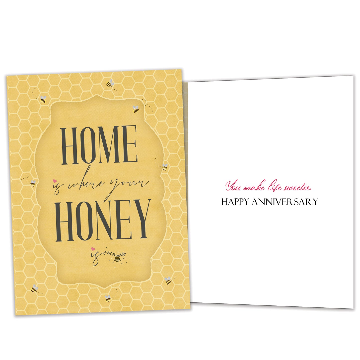 Front and inside view of an Anniversary greeting card featuring a golden honeycomb background and thoughtful message, with matching design details inside.