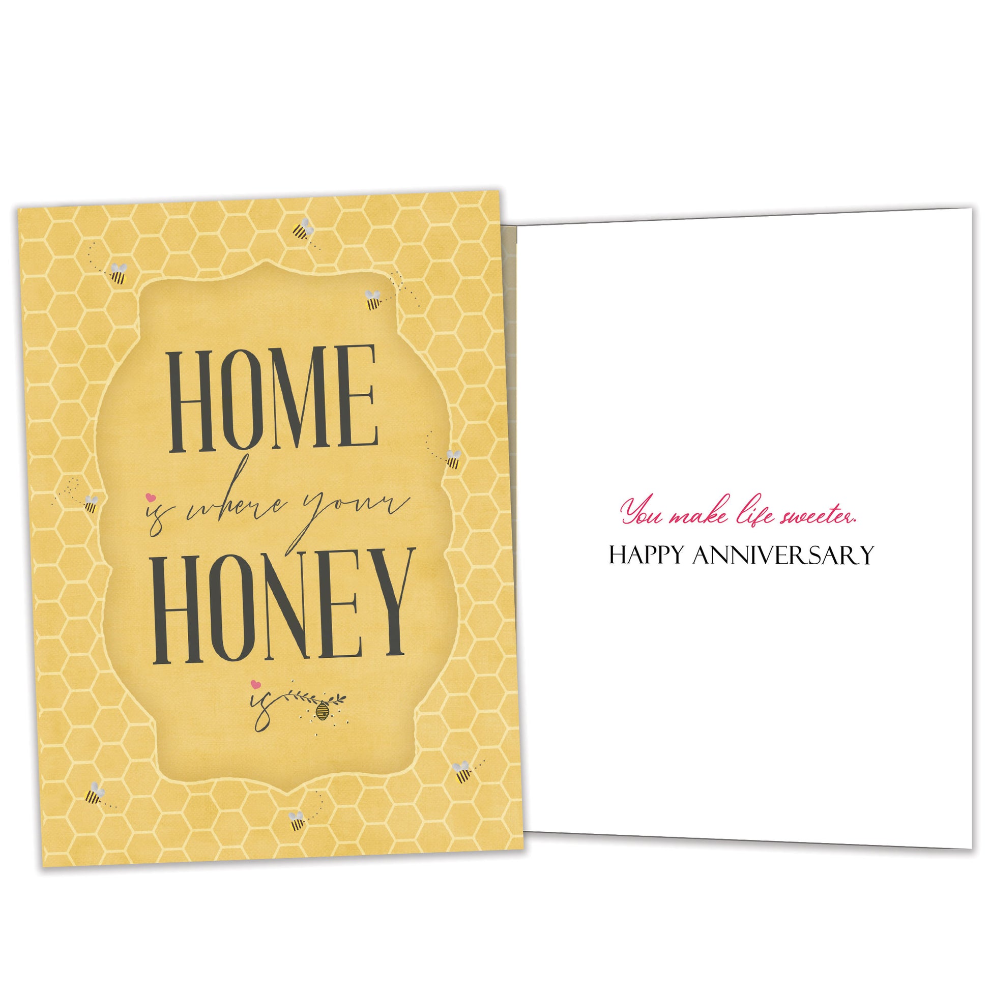 Front and inside view of an Anniversary greeting card featuring a golden honeycomb background and thoughtful message, with matching design details inside.