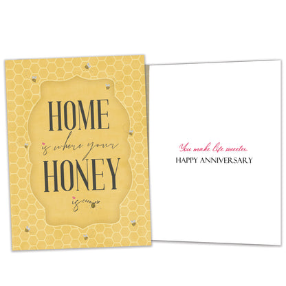 Front and inside view of an Anniversary greeting card featuring a golden honeycomb background and thoughtful message, with matching design details inside.