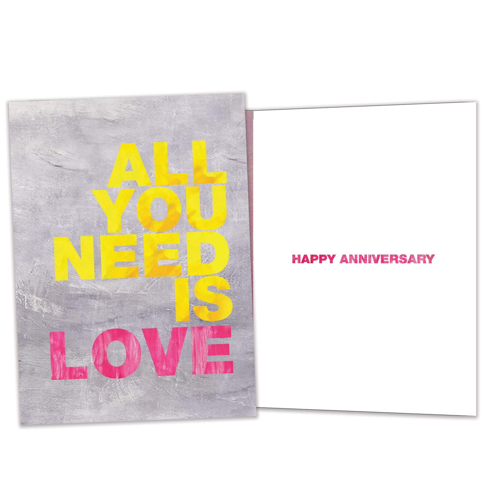 Front and inside view of an Anniversary greeting card featuring the colourful message "All you need is love," with matching design details inside.