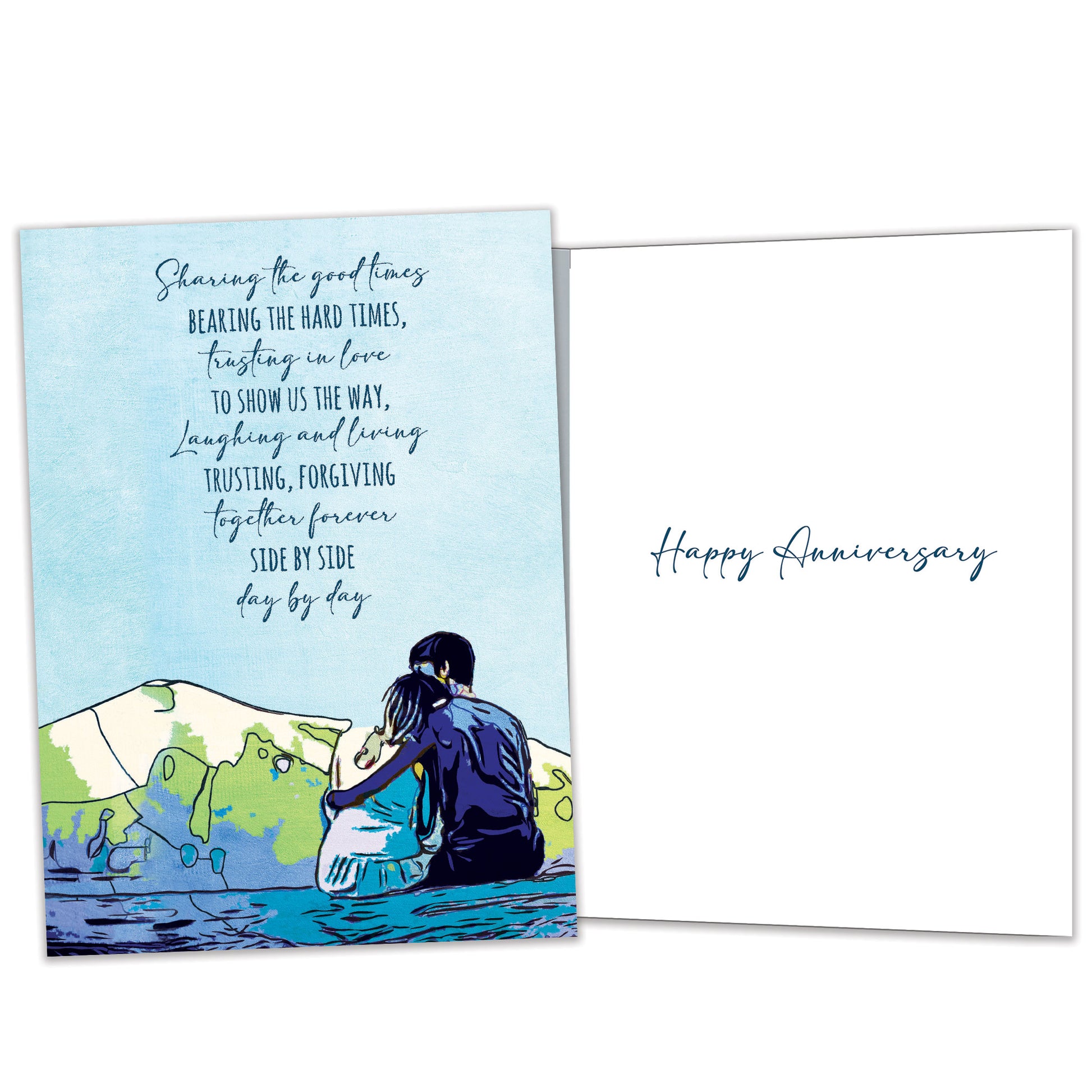 Front and inside view of an Anniversary greeting card featuring an affectionate couple and message of togetherness, with matching design details inside.