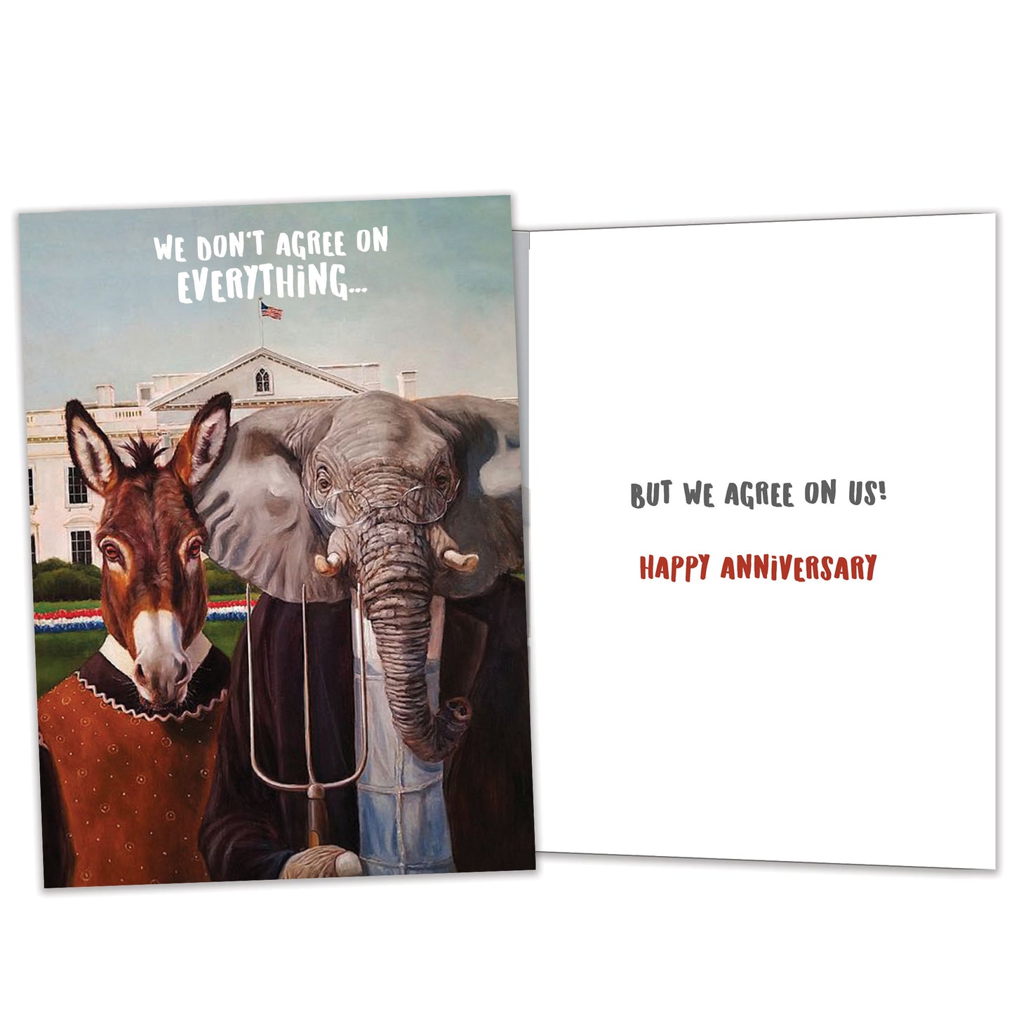 Front and inside view of an Anniversary greeting card featuring a mule and elephant couple illustration, with matching design details inside.