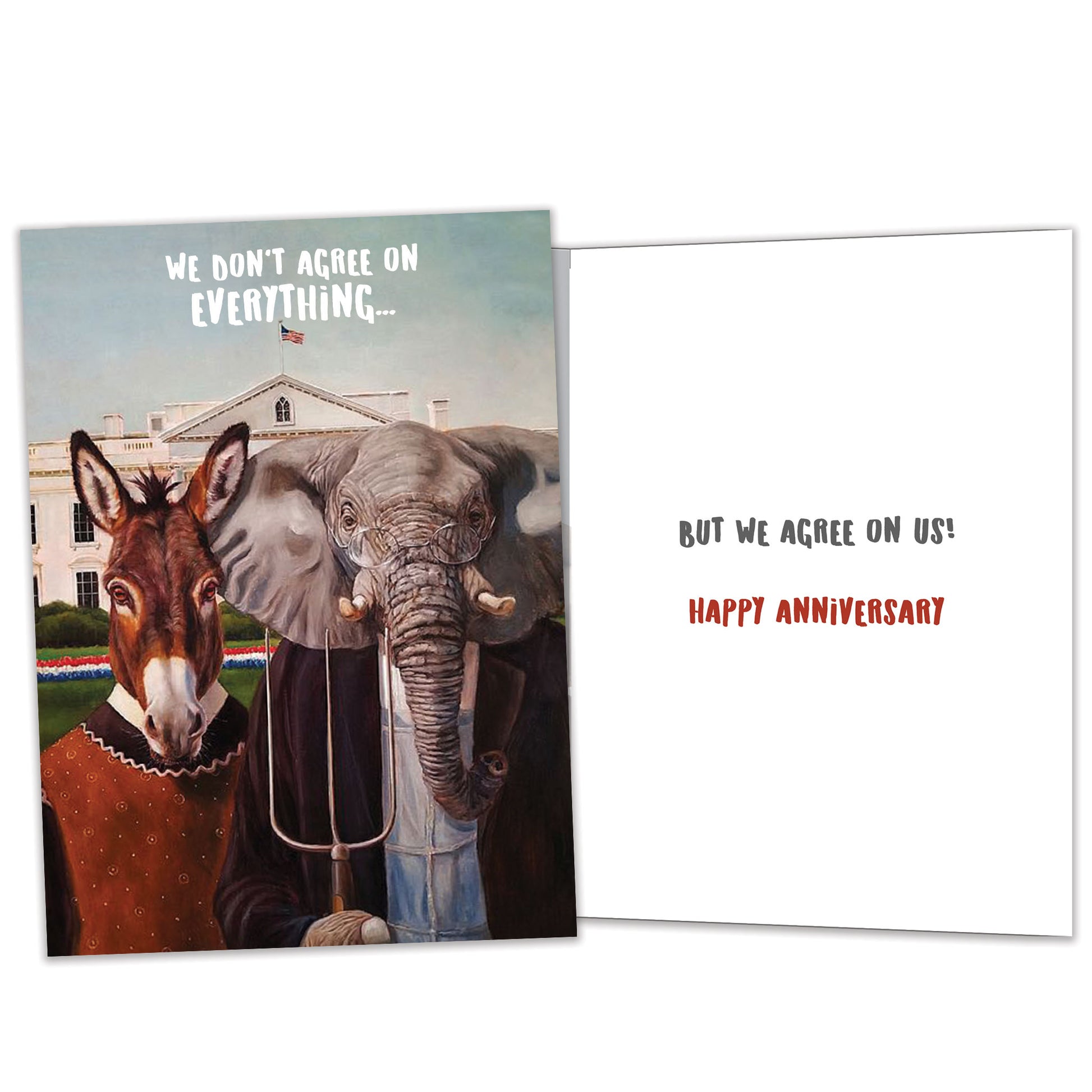 Front and inside view of an Anniversary greeting card featuring a mule and elephant couple illustration, with matching design details inside.