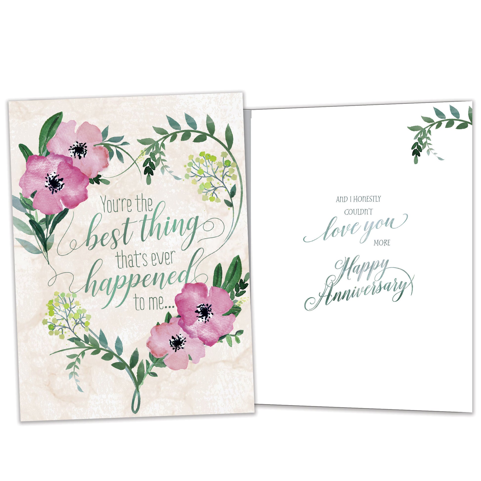 Front and inside view of an Anniversary greeting card featuring a pink and green floral design with matching design details inside.
