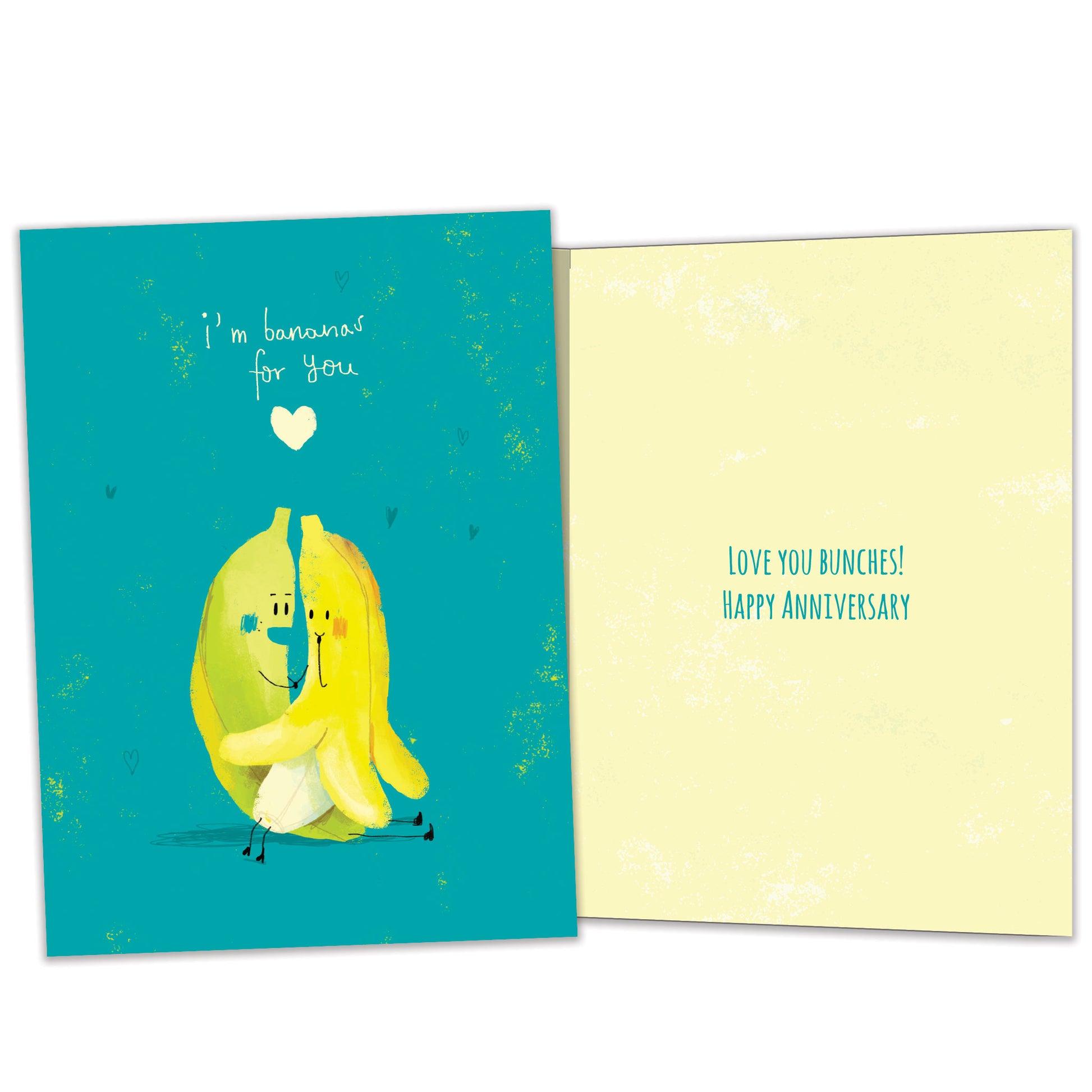 Front and inside view of an Anniversary greeting card featuring two bananas hugging on a teal background, with matching design details inside. 
