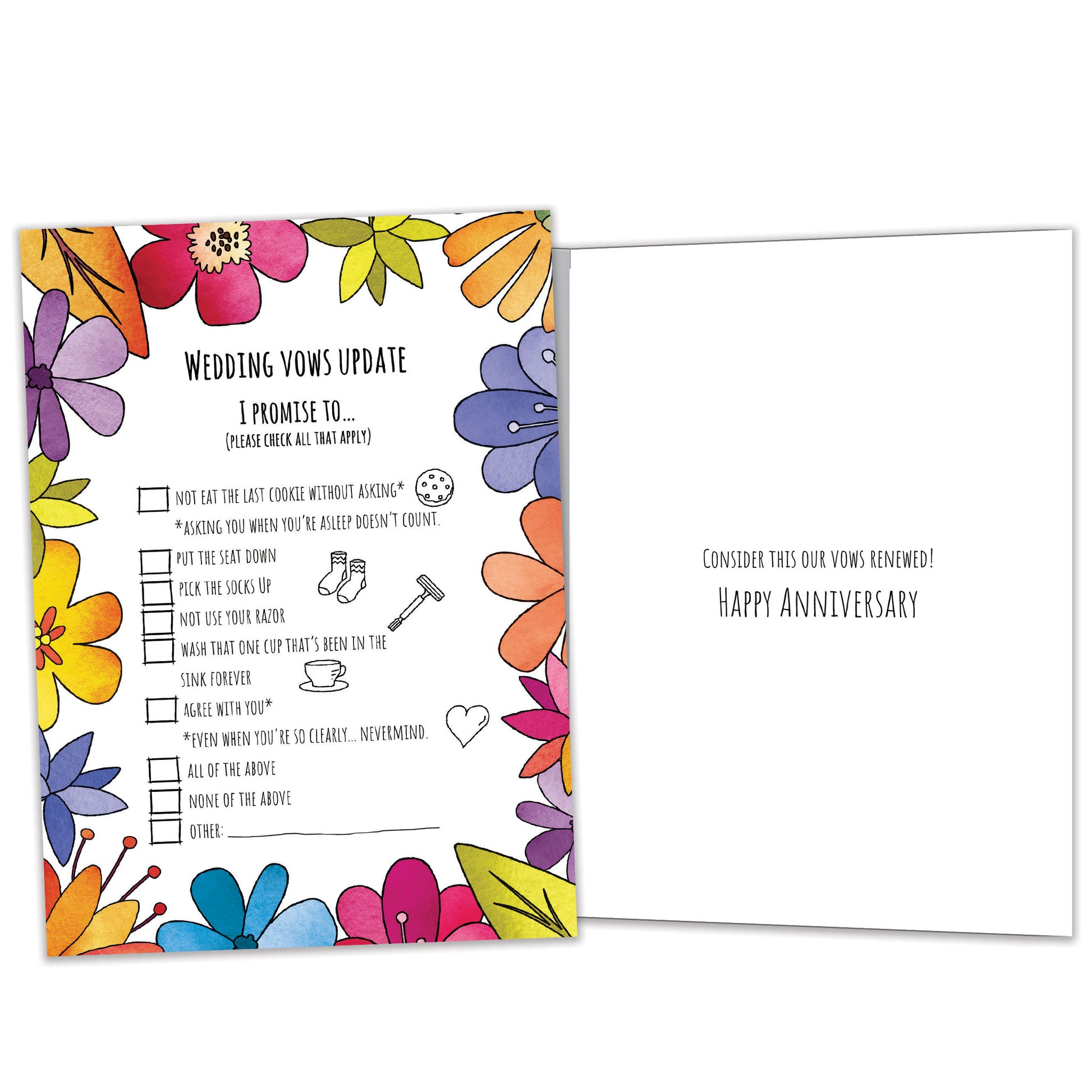 Front and inside view of an Anniversary greeting card featuring a list of wedding vows update, with matching design details inside.