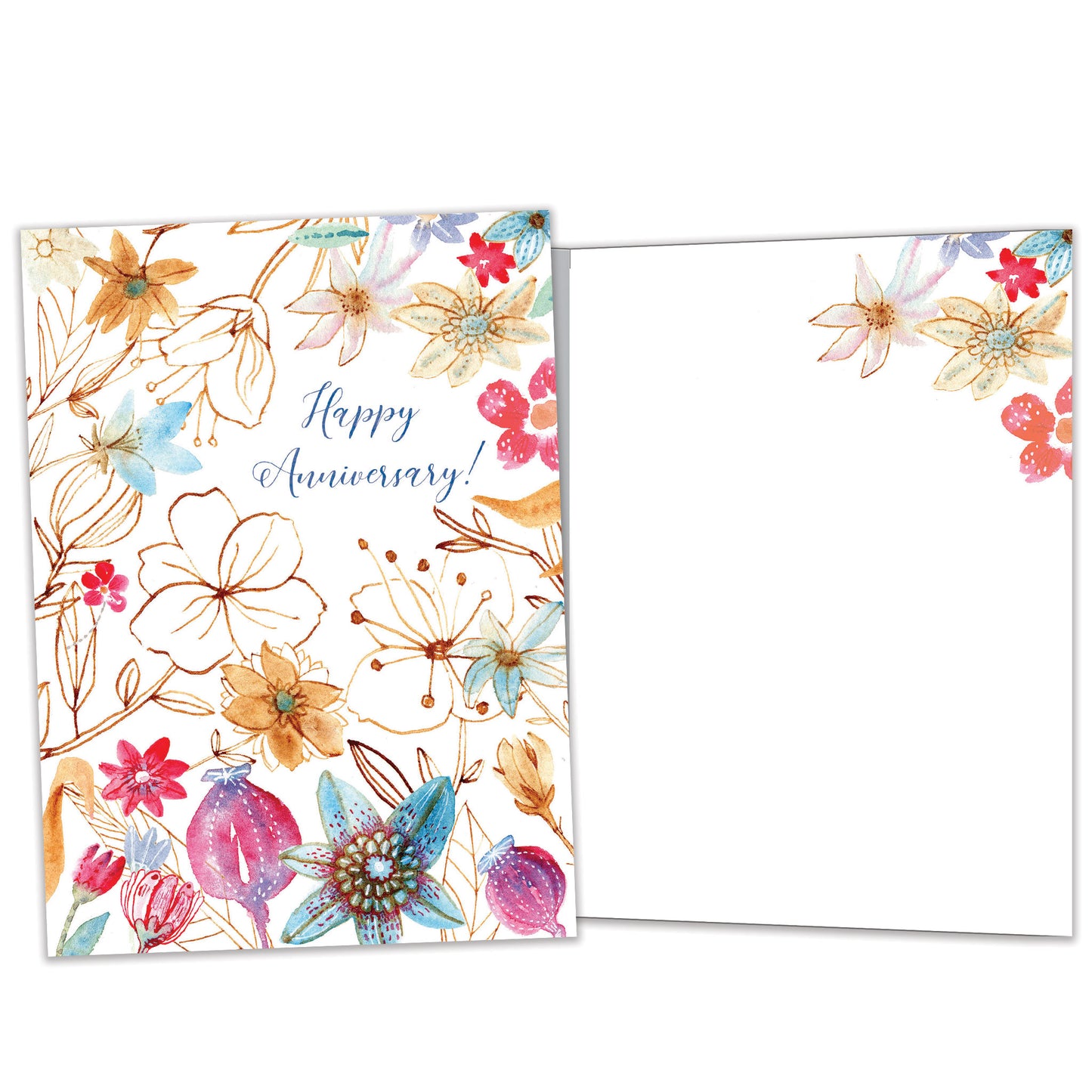 Front and inside view of an Anniversary greeting card featuring "Happy Anniversary!" with matching floral design details inside.