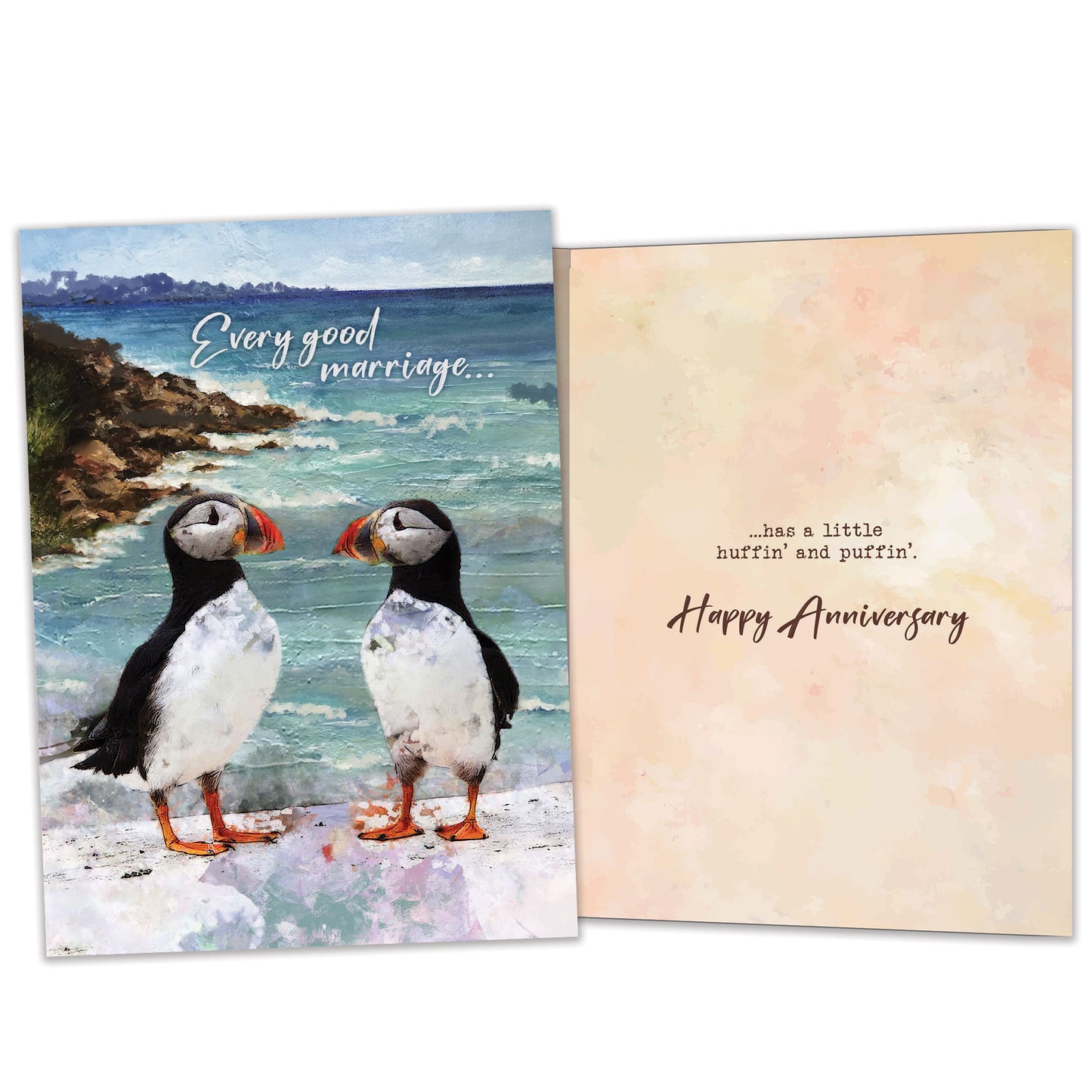 Front and inside view of an Anniversary greeting card featuring two puffins by the ocean, with matching design details inside.