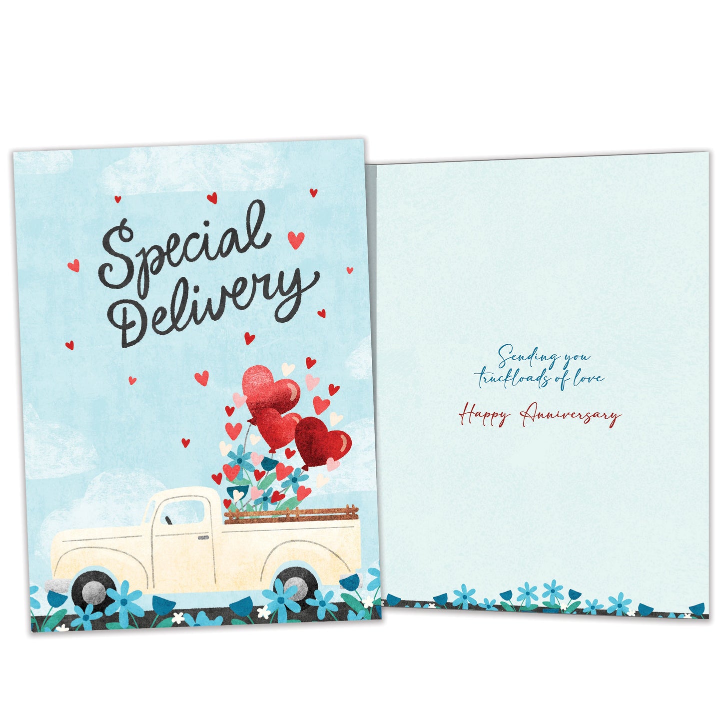 Front and inside view of an Anniversary greeting card featuring a truck filled with hearts and the message "Special Delivery," with matching design details inside.