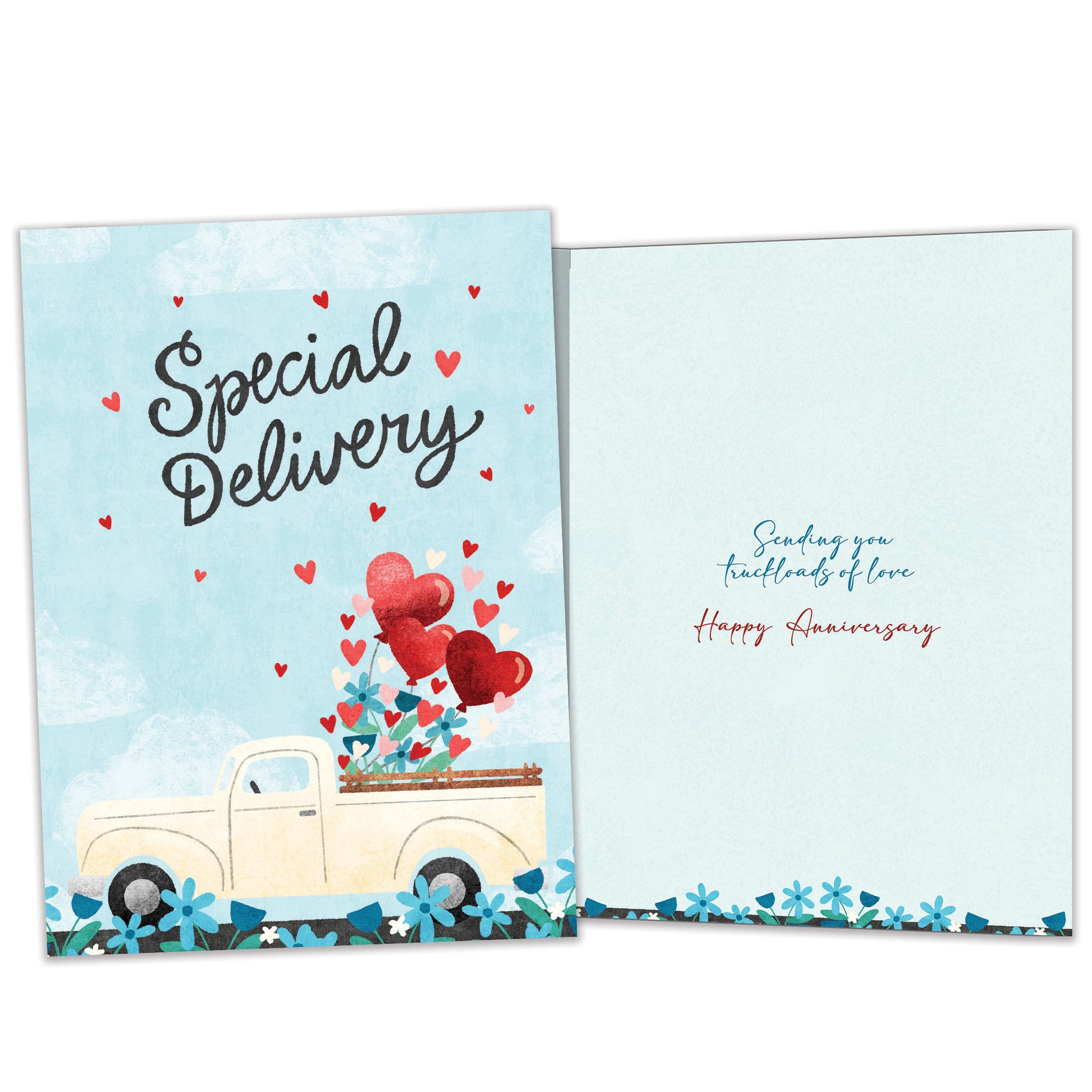 Front and inside view of an Anniversary greeting card featuring a truck filled with hearts and the message "Special Delivery," with matching design details inside.