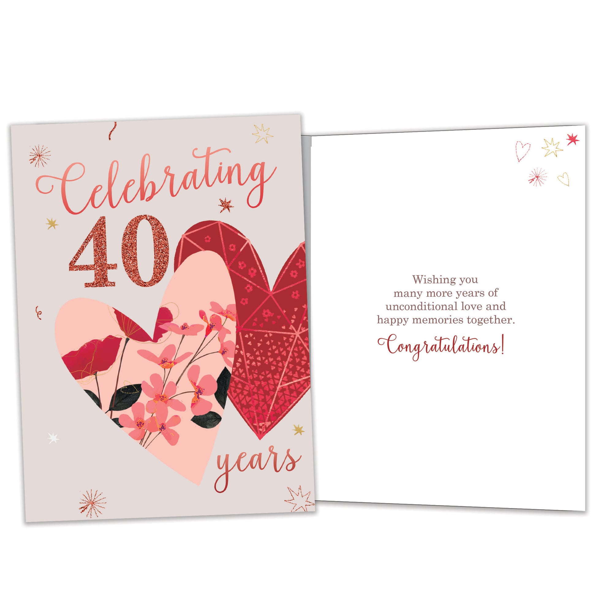 Front and inside view of an Anniversary greeting card featuring "Celebrating 40 years" with two hearts, with matching design details inside.