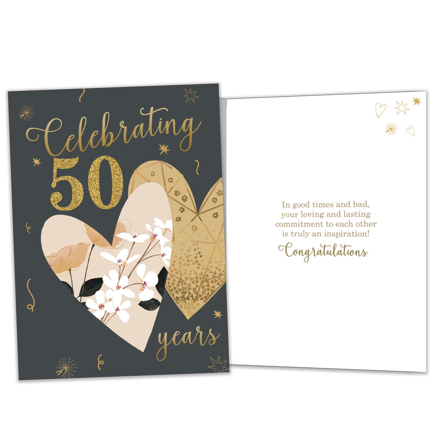 Front and inside view of an Anniversary greeting card featuring "Celebrating 50 years" in gold on a dark background with two hearts, with matching design details inside.