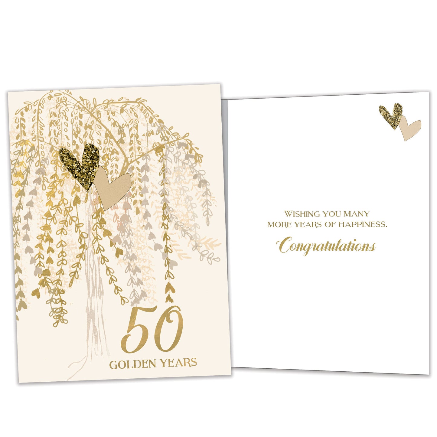 Front and inside view of an Anniversary greeting card featuring "50 golden years" with a tree of golden heart-shaped leaves, with matching design details inside.