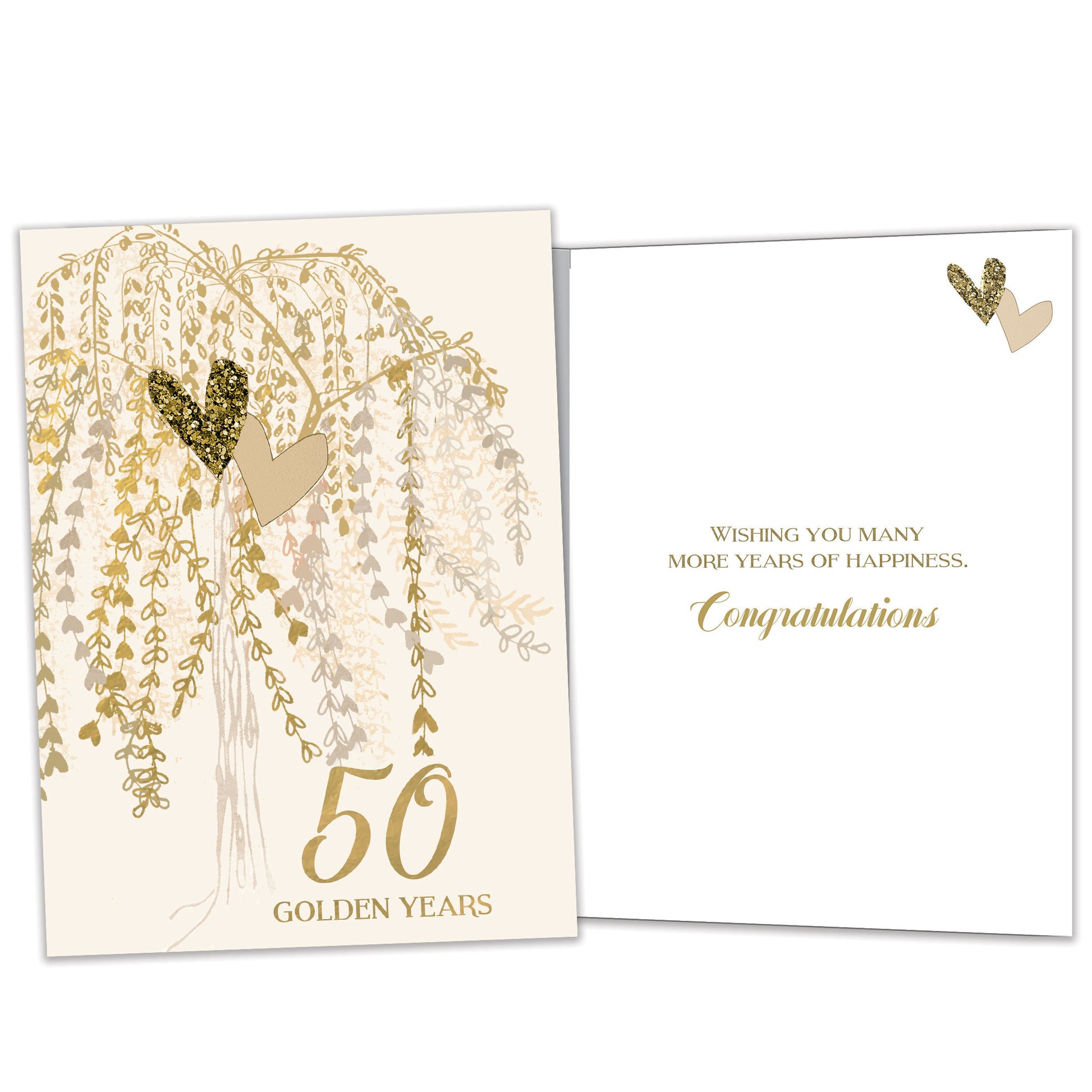 Front and inside view of an Anniversary greeting card featuring "50 golden years" with a tree of golden heart-shaped leaves, with matching design details inside.