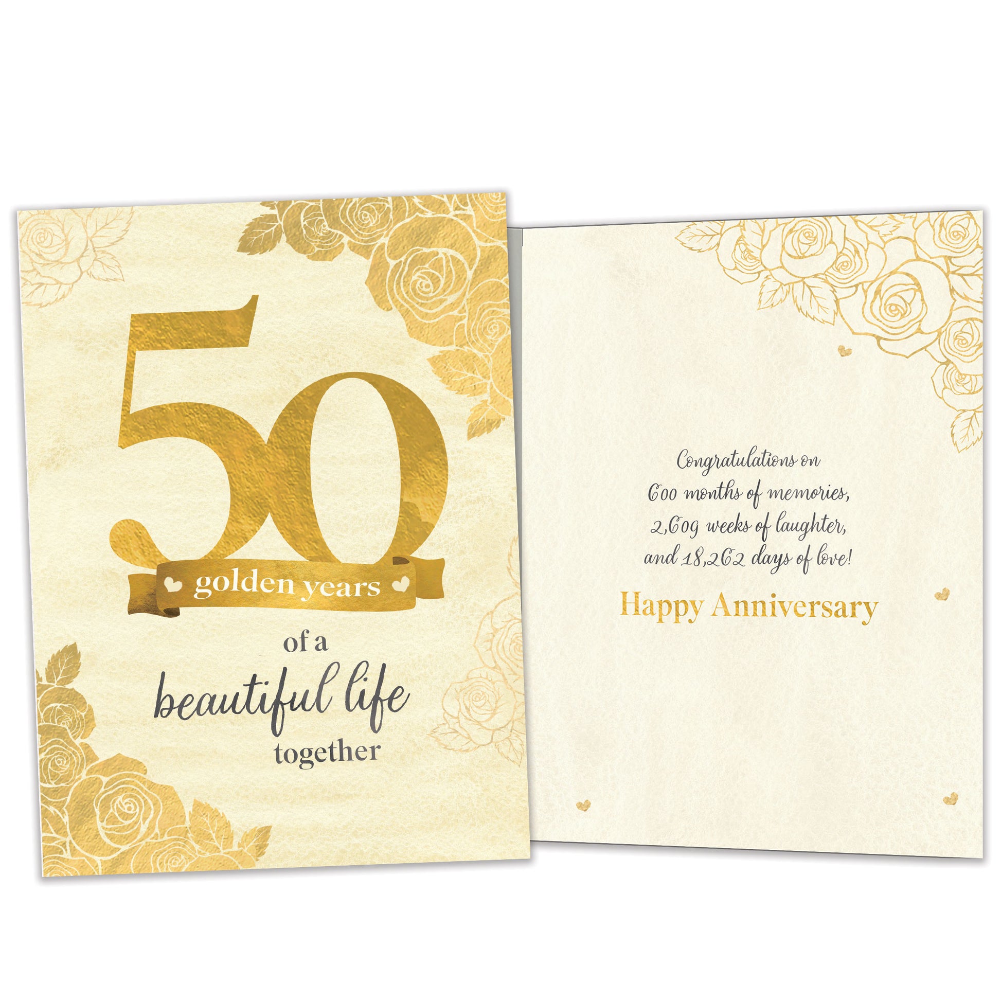 Front and inside view of an Anniversary greeting card featuring "50 golden years of a beautiful life together" in gold writing, with matching design details inside.