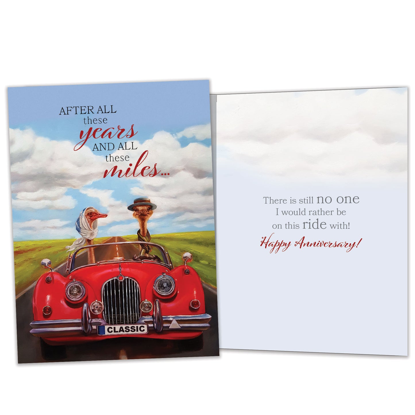Front and inside view of an Anniversary greeting card featuring a goose couple driving in a red car with a loving message, with matching design details inside.