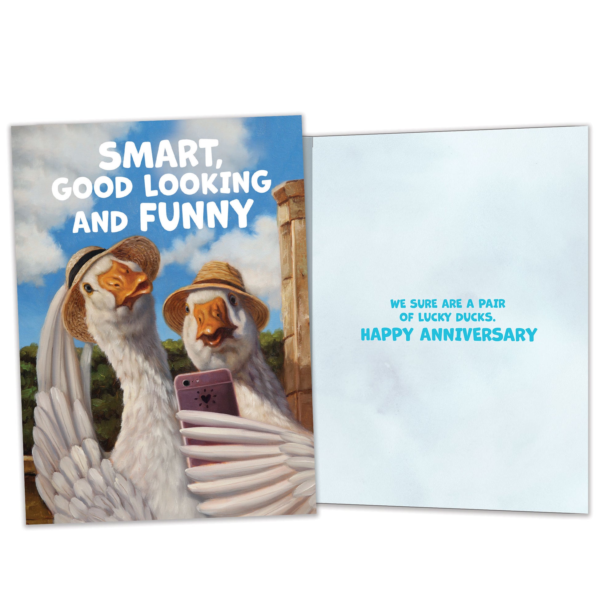 Front and inside view of an Anniversary greeting card featuring a duck couple taking a selfie, with matching design details inside.