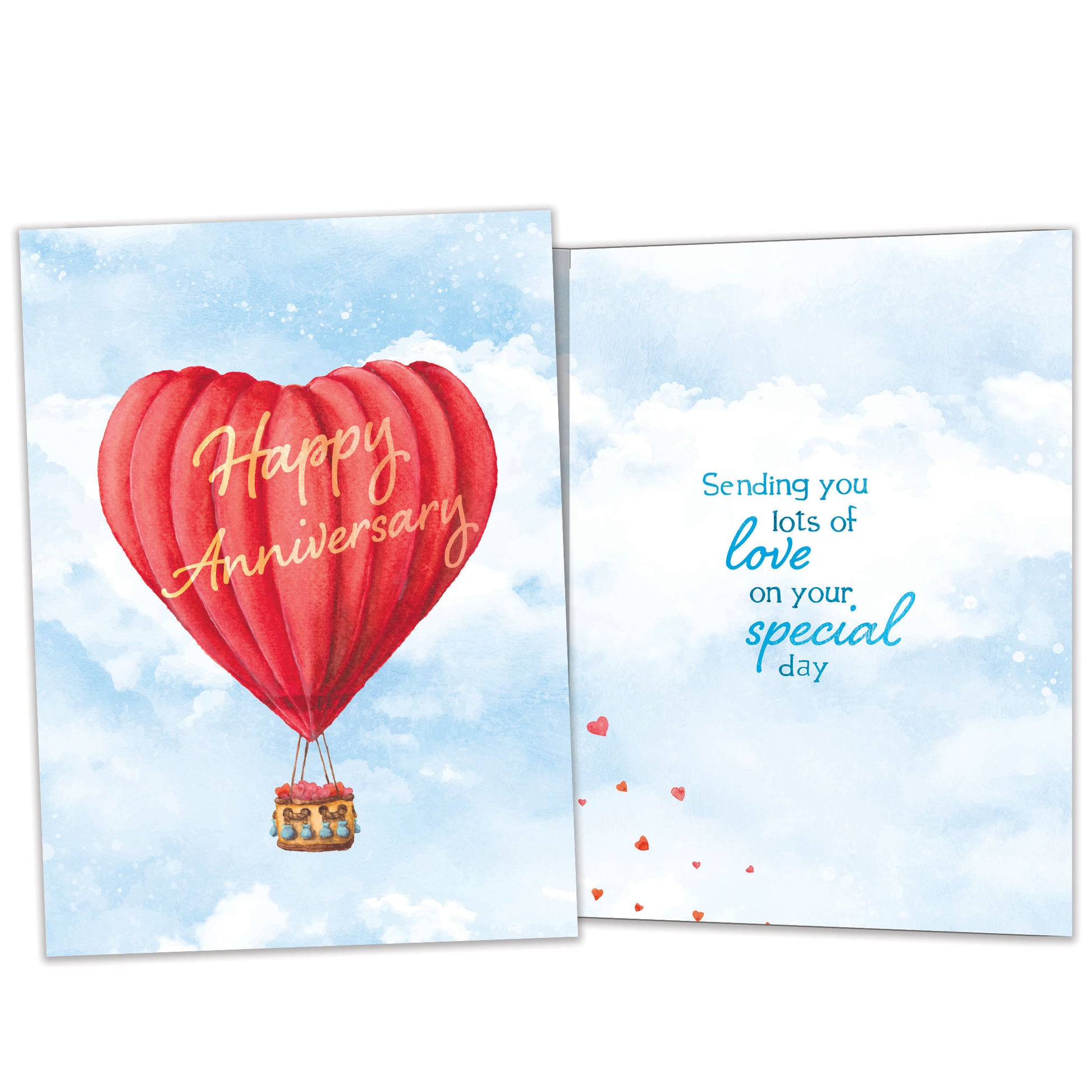 Front and inside view of an Anniversary greeting card featuring a heart-shaped hot air balloon with "Happy Anniversary," with matching design details inside.