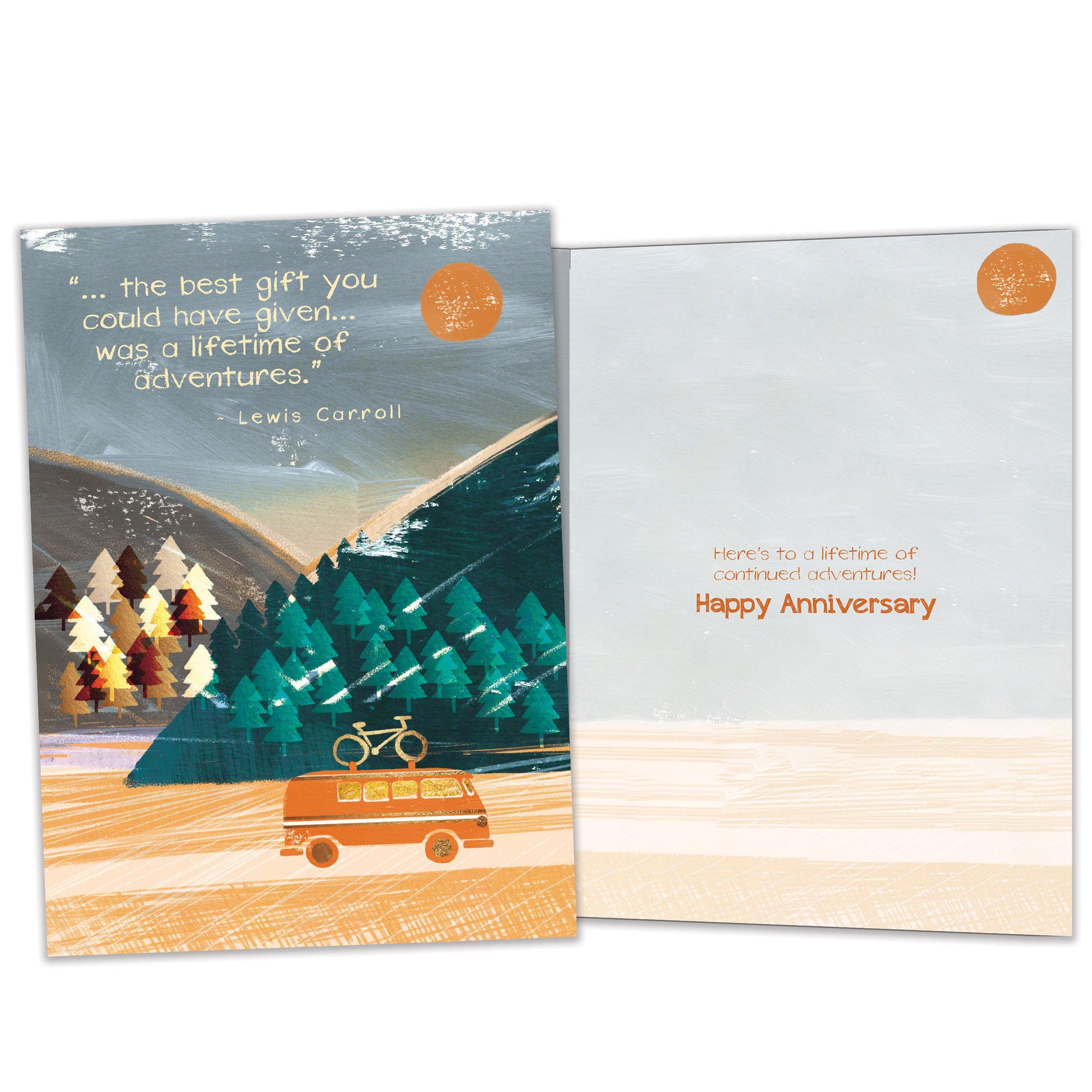 Front and inside view of an Anniversary greeting card featuring a camper vehicle and mountain scene, with matching design details inside.
