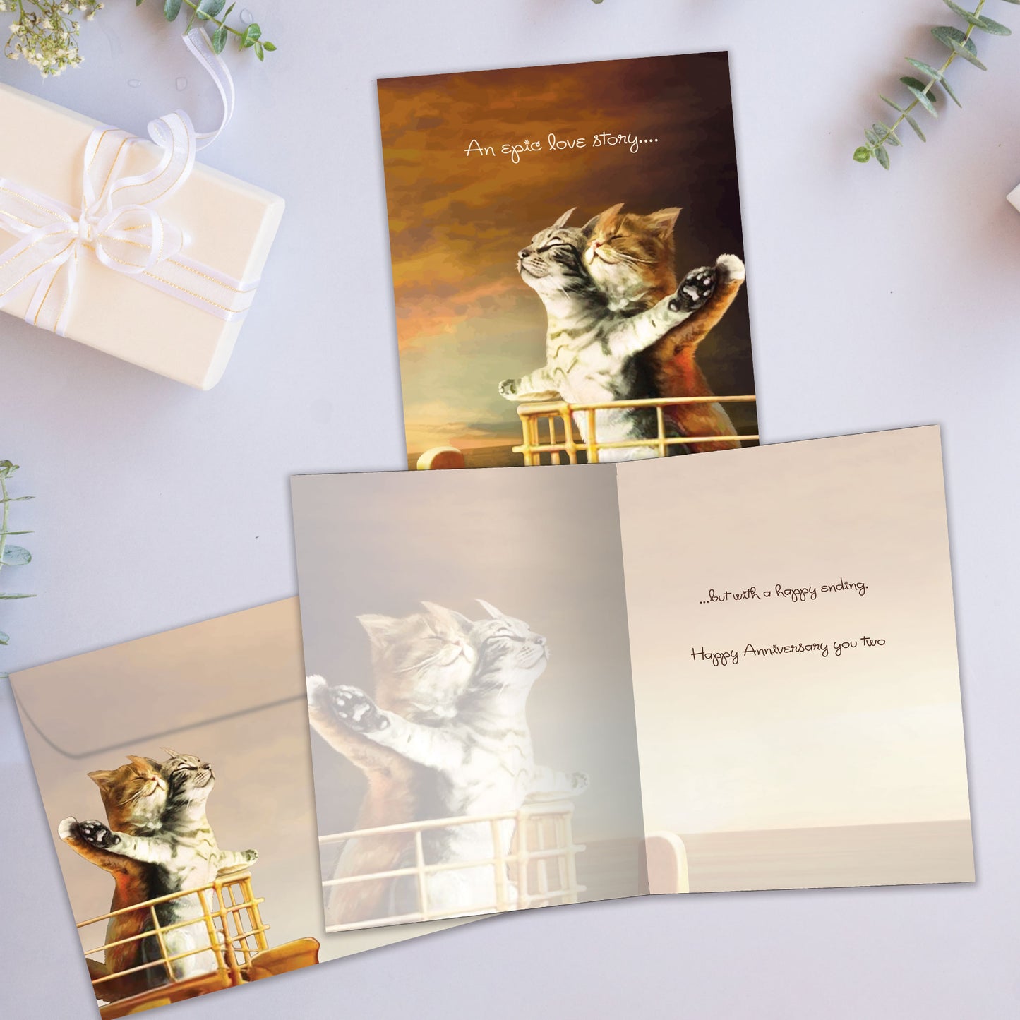 Front and inside view of an Anniversary greeting card showcasing two cats on the bow of a ship in a Titanic-inspired embrace, with a matching envelope.