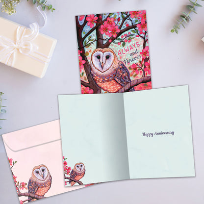 Front and inside view of an Anniversary greeting card showcasing a vibrant illustration of an owl with the words "Always and Forever," with a matching envelope.