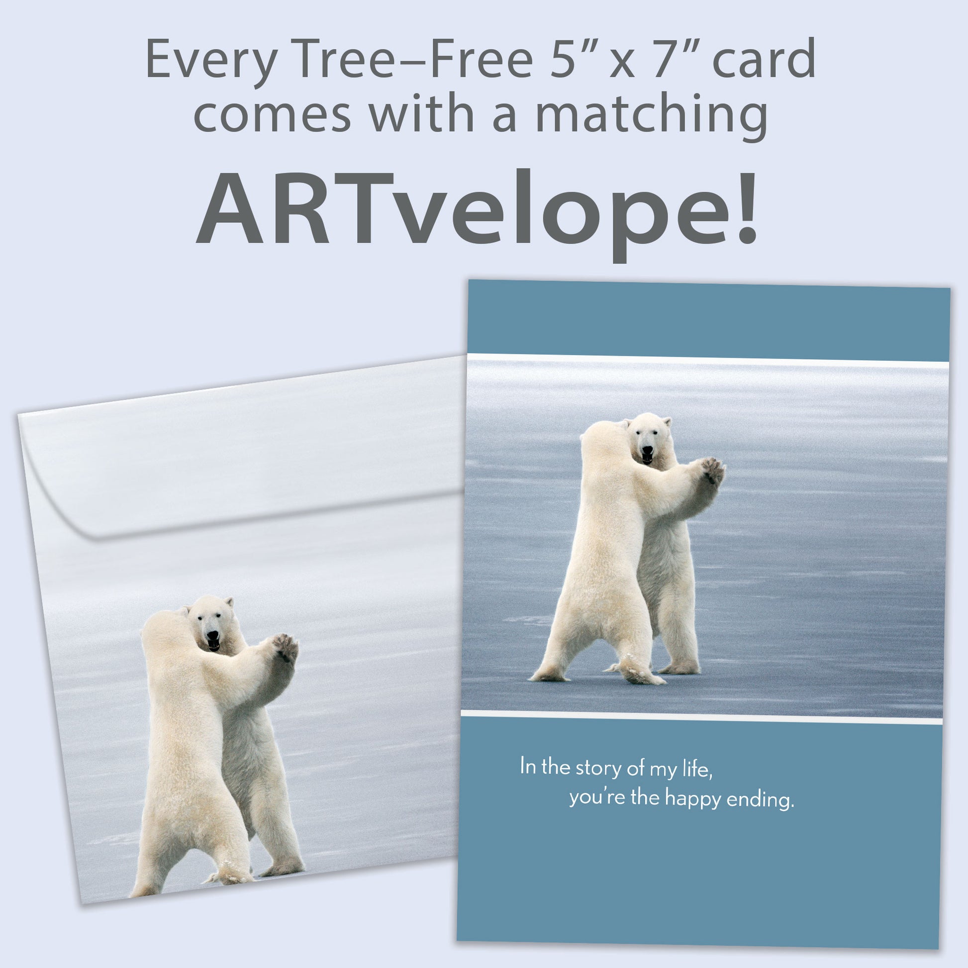 Front view of an Anniversary greeting card featuring two polar bears dancing, with matching envelope artwork.