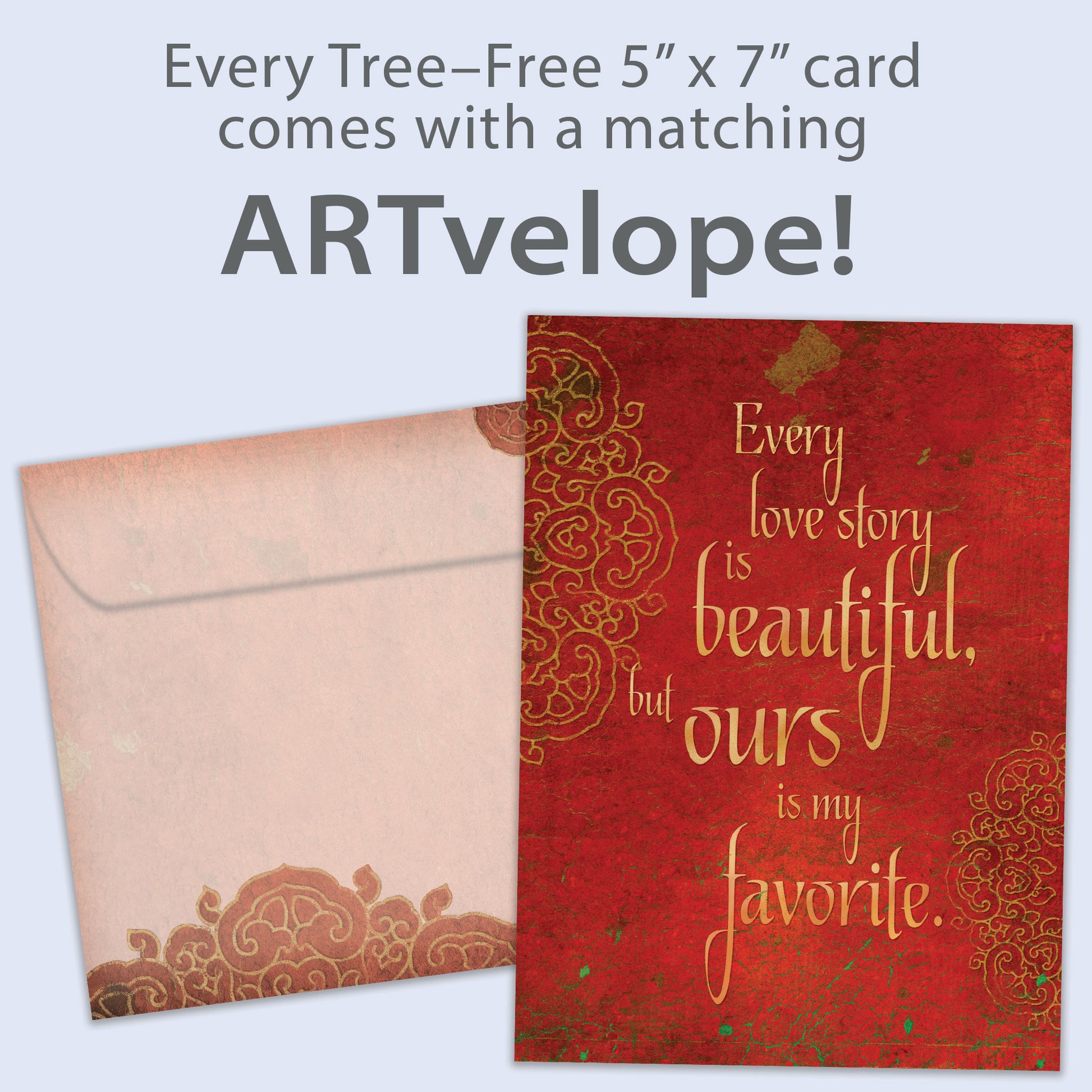Front view of an Anniversary greeting card featuring a red cover with a love message, with matching envelope artwork. 
