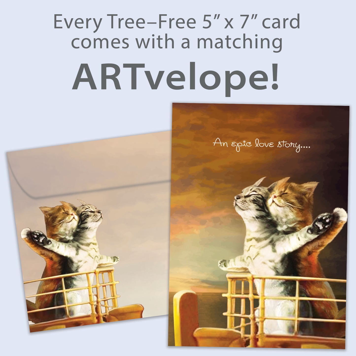 Front view of an Anniversary greeting card featuring two cats on the bow of a ship in a Titanic-inspired scene, with matching envelope artwork.