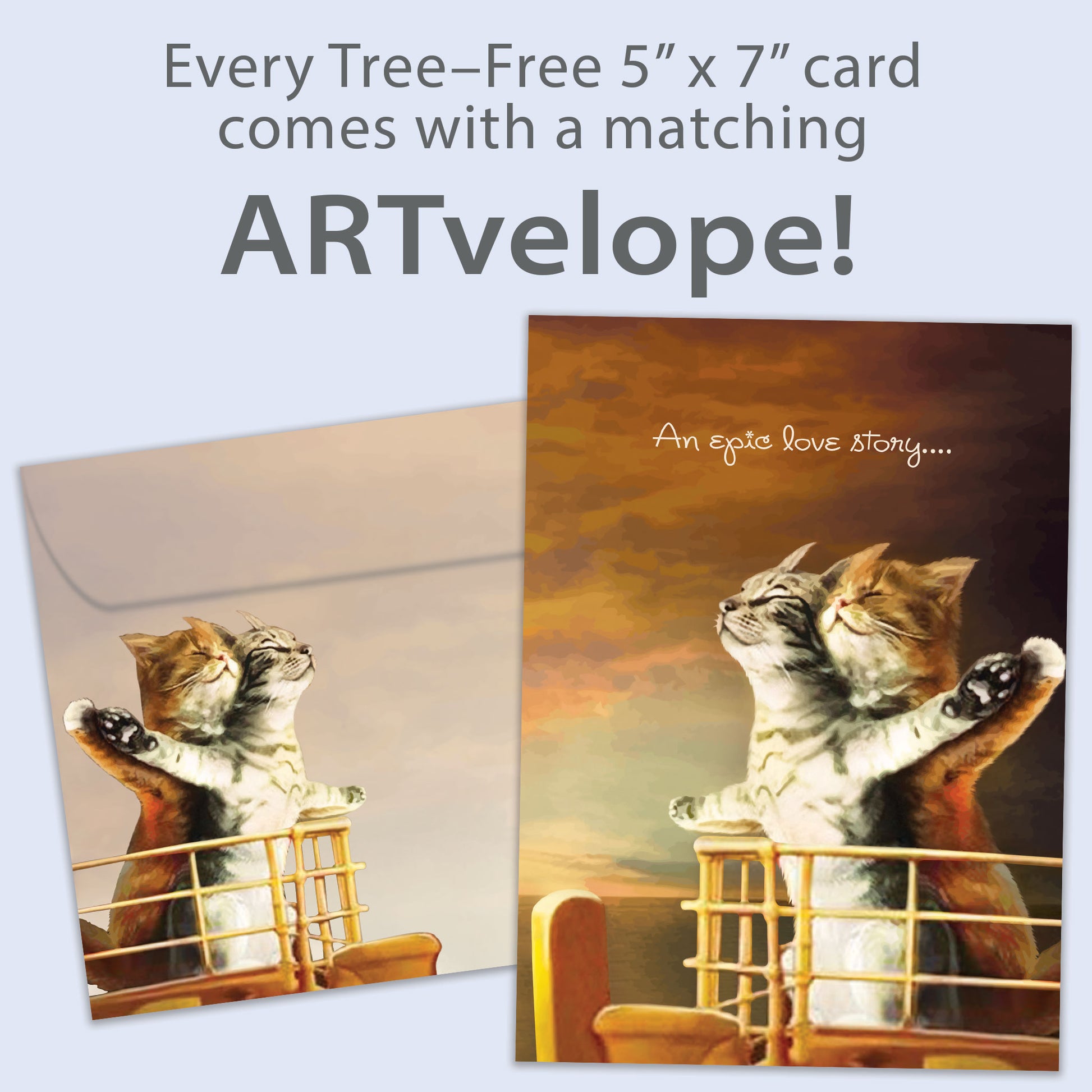 Front view of an Anniversary greeting card featuring two cats on the bow of a ship in a Titanic-inspired scene, with matching envelope artwork.
