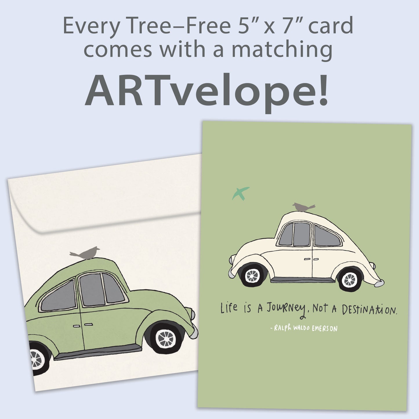 Front view of an Anniversary greeting card featuring a car illustration and inspiring life message, with matching envelope artwork.