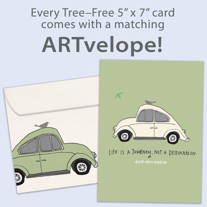Front view of an Anniversary greeting card featuring a car illustration and inspiring life message, with matching envelope artwork.