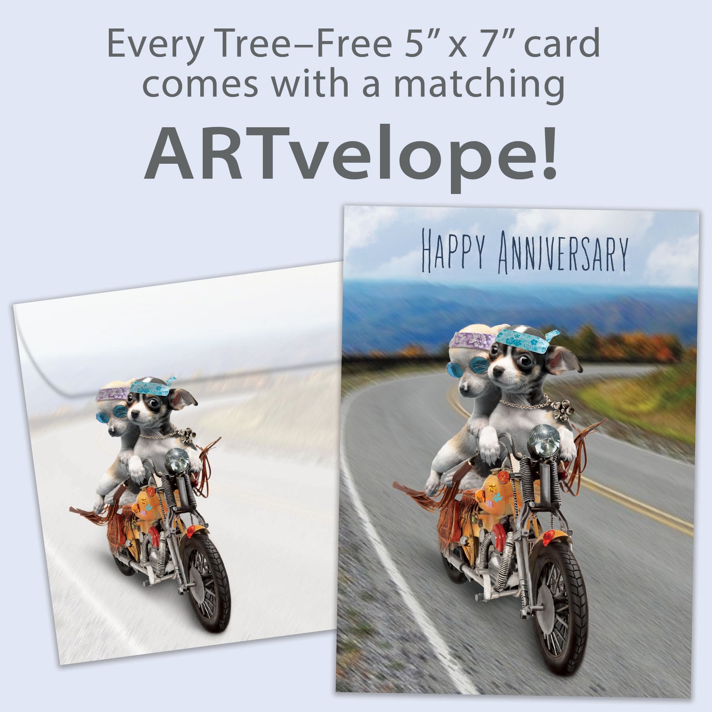 Front view of an Anniversary greeting card featuring two dogs riding a motorcycle, with matching envelope artwork.