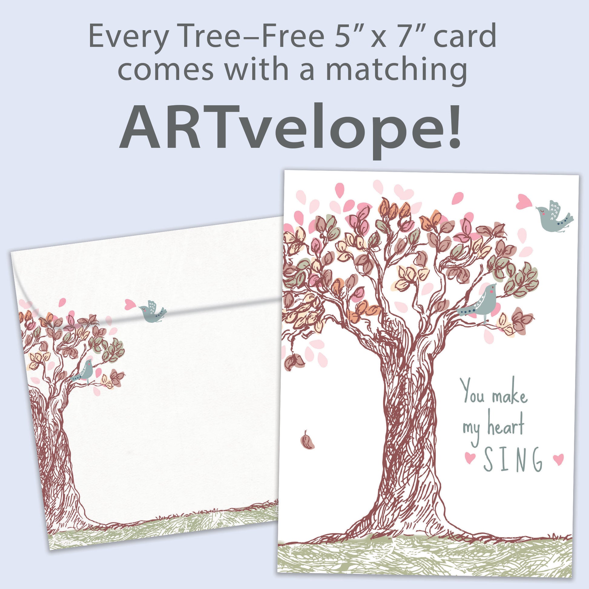 Front view of an Anniversary greeting card featuring a tree illustration and the message "you make my heart sing," with matching envelope artwork.