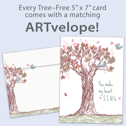 Front view of an Anniversary greeting card featuring a tree illustration and the message "you make my heart sing," with matching envelope artwork.